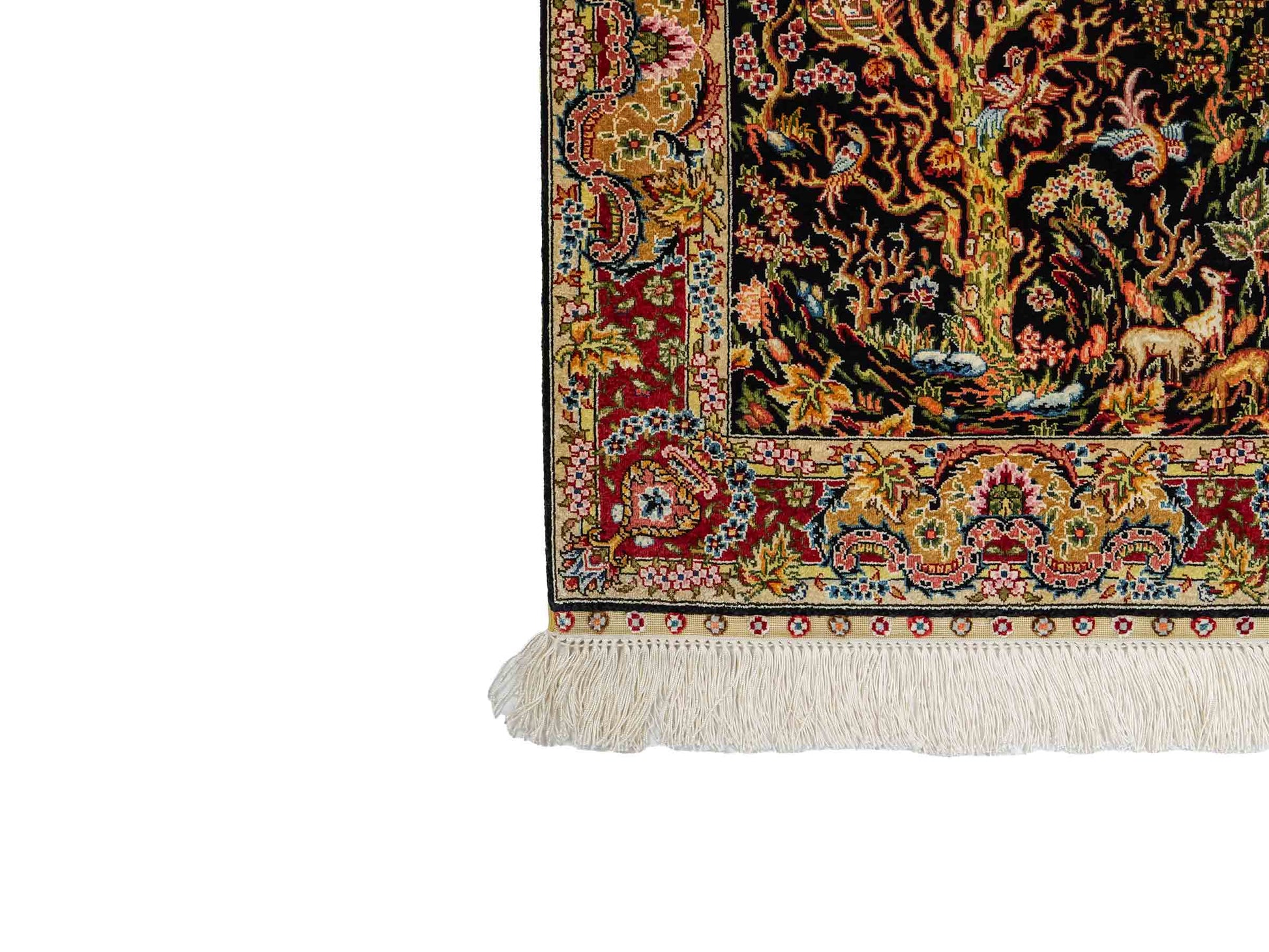 Sehr feiner, handgeknüpfter Khademi Ghom Orientteppich aus reiner Seide, schwarz, gold, rot. 62x48 cm. Vertrieb durch Jupiter Intl.