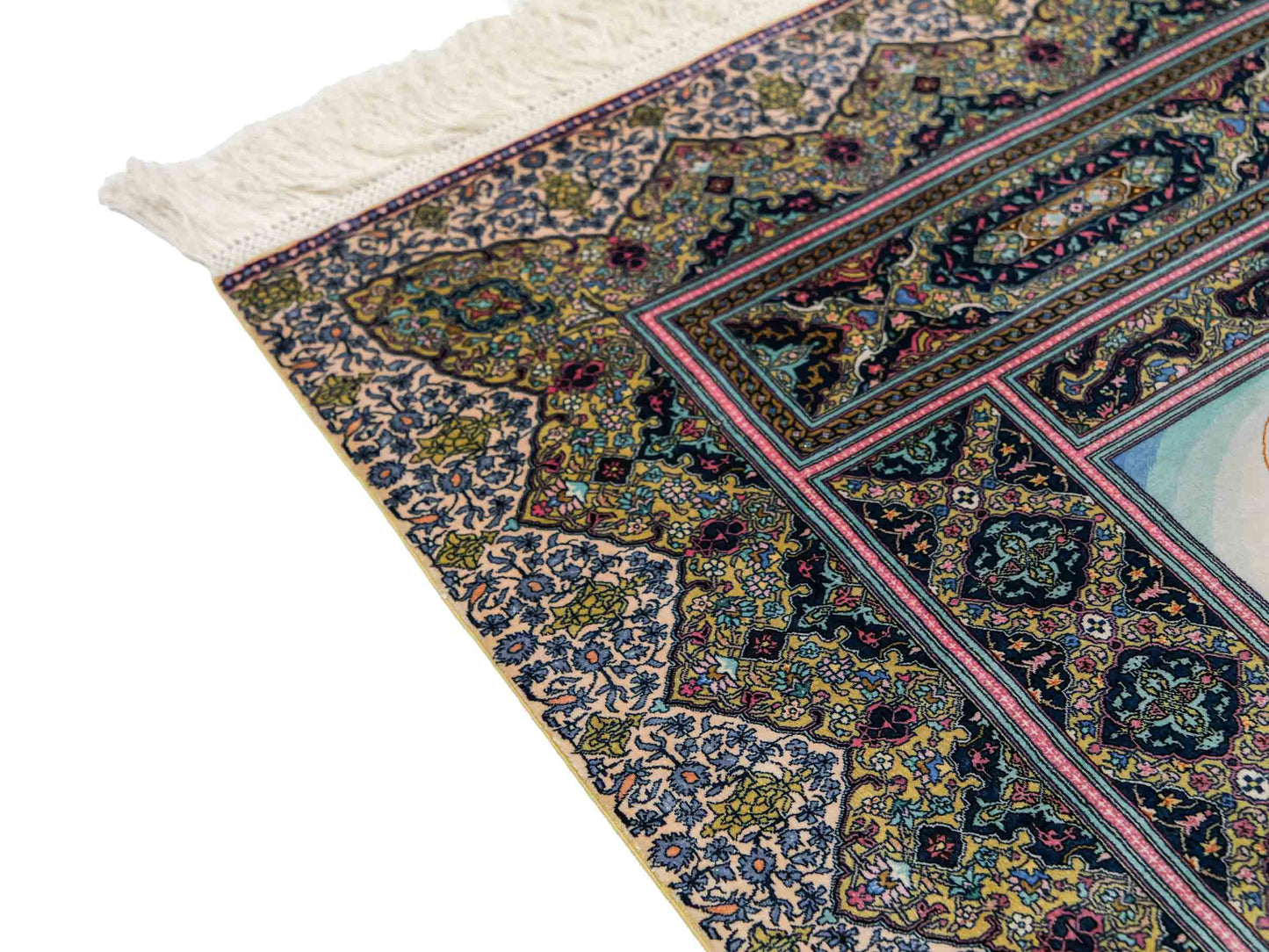 Extrem feiner, handgeknüpfter Khademi Ghom Orientteppich aus purer Seide, multicolor. 63x48 cm. Vertrieb durch Jupiter Intl.