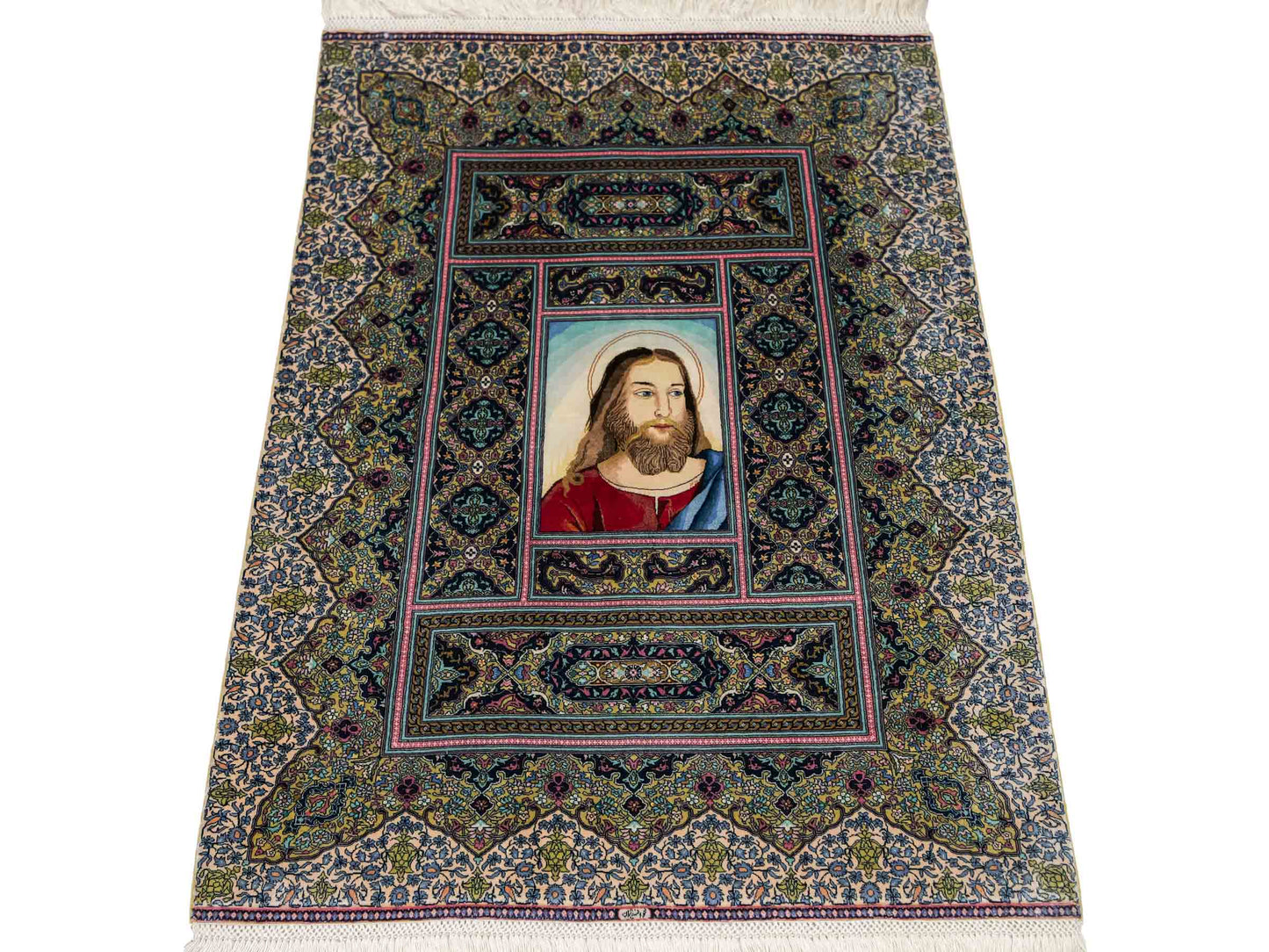 Extrem feiner, handgeknüpfter Khademi Ghom Orientteppich aus purer Seide, multicolor. 63x48 cm. Vertrieb durch Jupiter Intl.