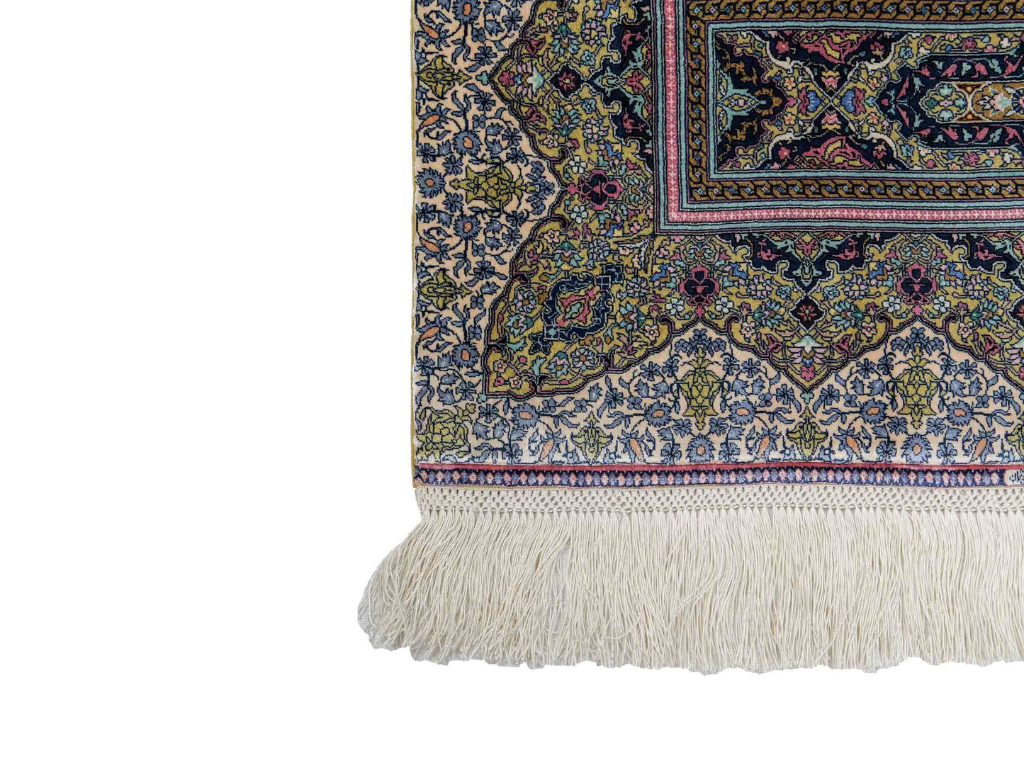 Extrem feiner, handgeknüpfter Khademi Ghom Orientteppich aus purer Seide, multicolor. 63x48 cm. Vertrieb durch Jupiter Intl.