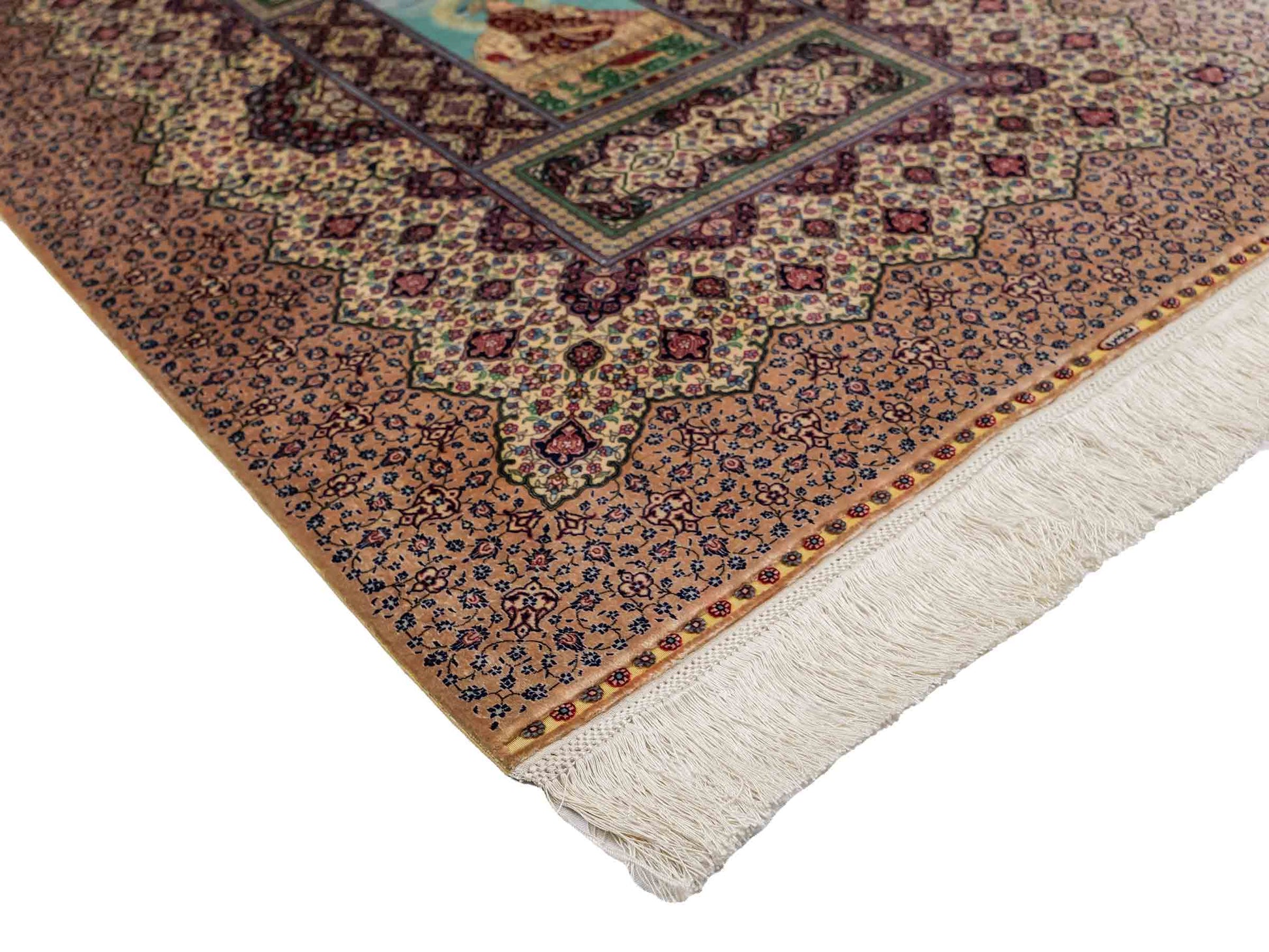 Extrem feiner, handgeknüpfter Khademi Ghom Orientteppich aus purer Seide, beige, braun, creme. 86x64 cm. Verkauf durch Jupiter Intl.