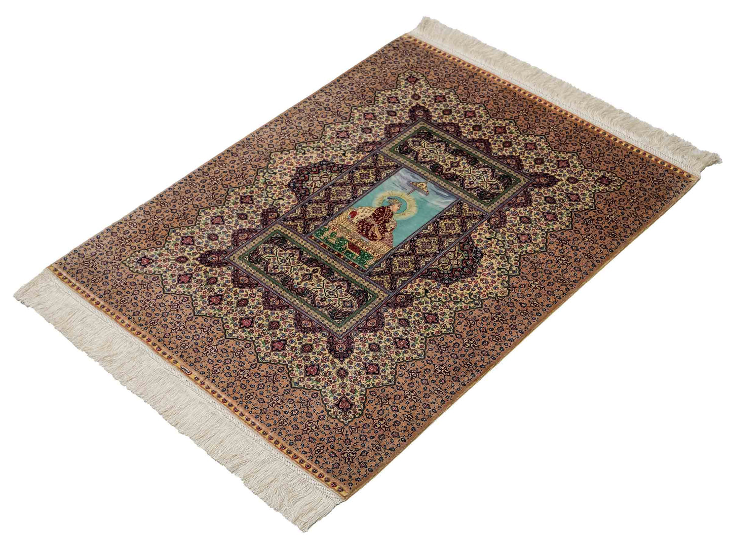 Extrem feiner, handgeknüpfter Khademi Ghom Orientteppich aus purer Seide, beige, braun, creme. 86x64 cm. Verkauf durch Jupiter Intl.