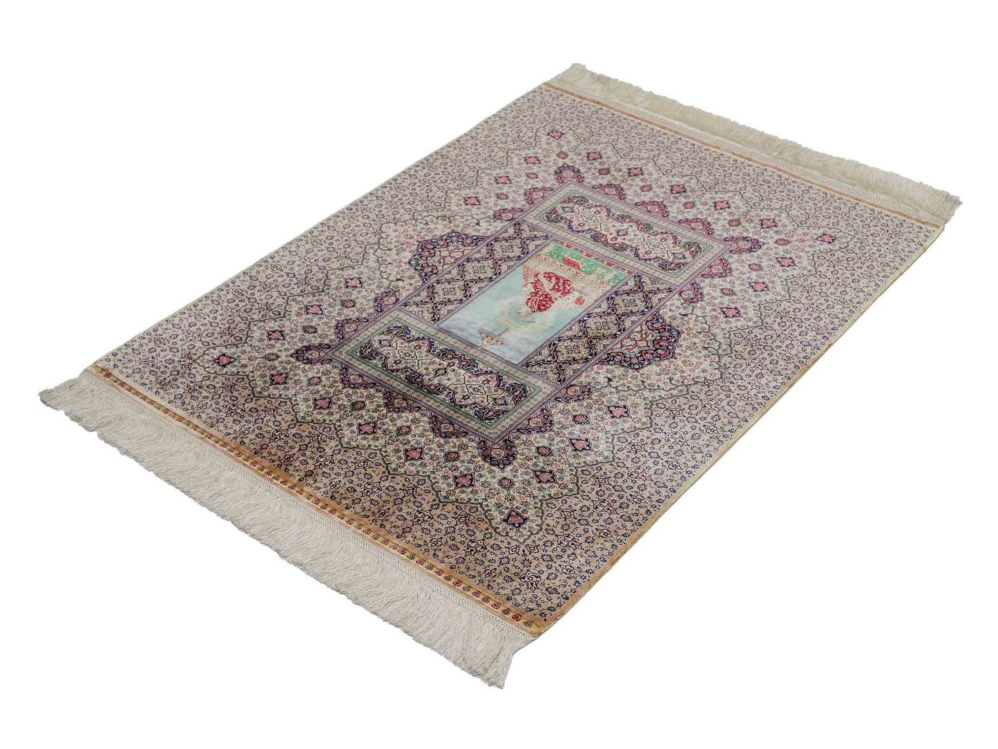 Extrem feiner, handgeknüpfter Khademi Ghom Orientteppich aus purer Seide, beige, braun, creme. 86x64 cm. Verkauf durch Jupiter Intl.