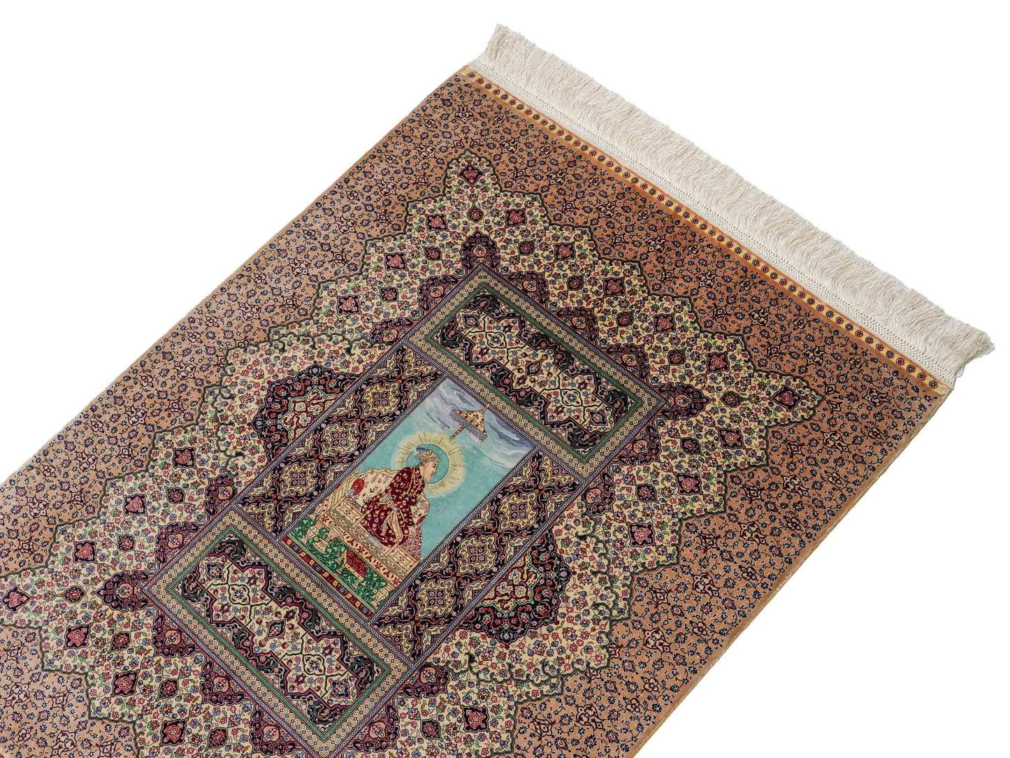 Extrem feiner, handgeknüpfter Khademi Ghom Orientteppich aus purer Seide, beige, braun, creme. 86x64 cm. Verkauf durch Jupiter Intl.