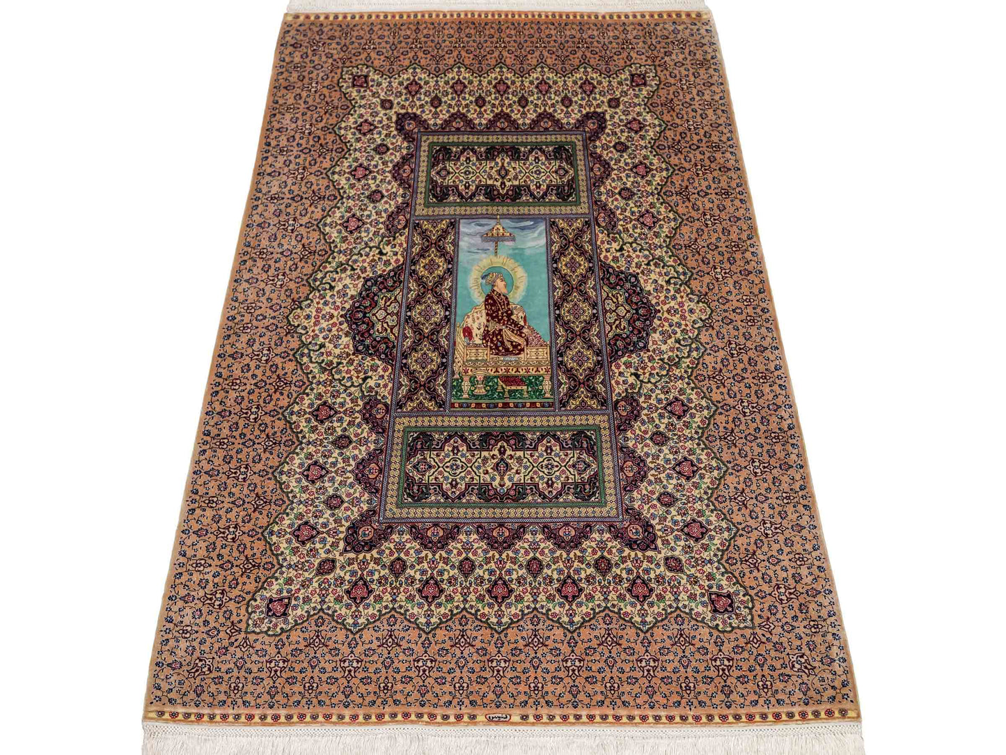 Extrem feiner, handgeknüpfter Khademi Ghom Orientteppich aus purer Seide, beige, braun, creme. 86x64 cm. Verkauf durch Jupiter Intl.