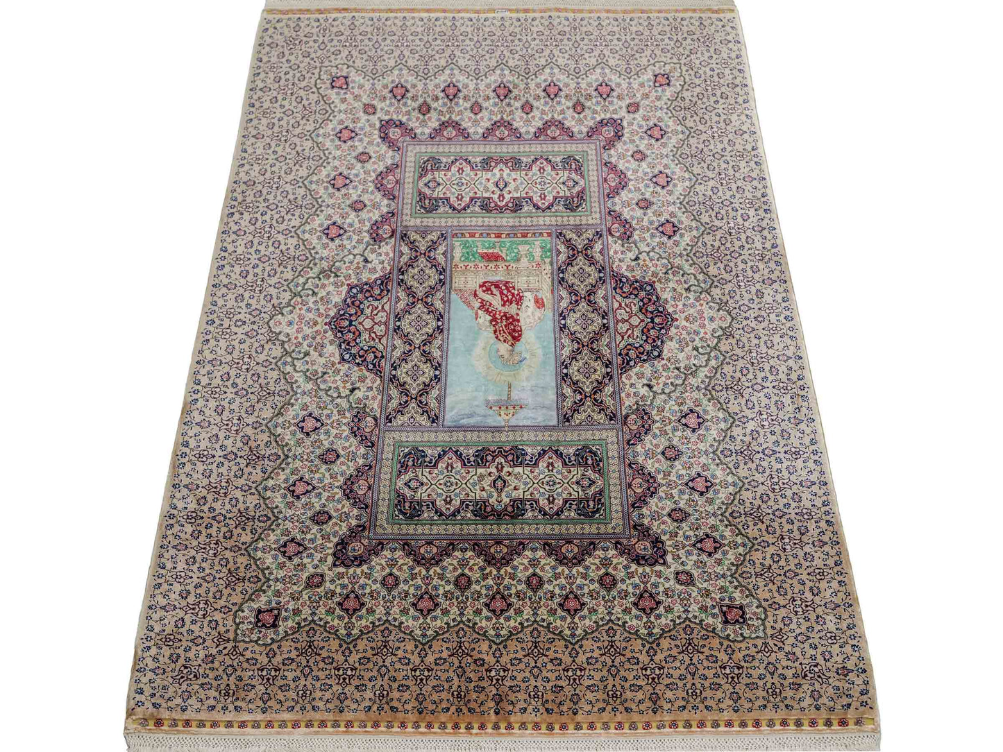 Extrem feiner, handgeknüpfter Khademi Ghom Orientteppich aus purer Seide, beige, braun, creme. 86x64 cm. Verkauf durch Jupiter Intl.