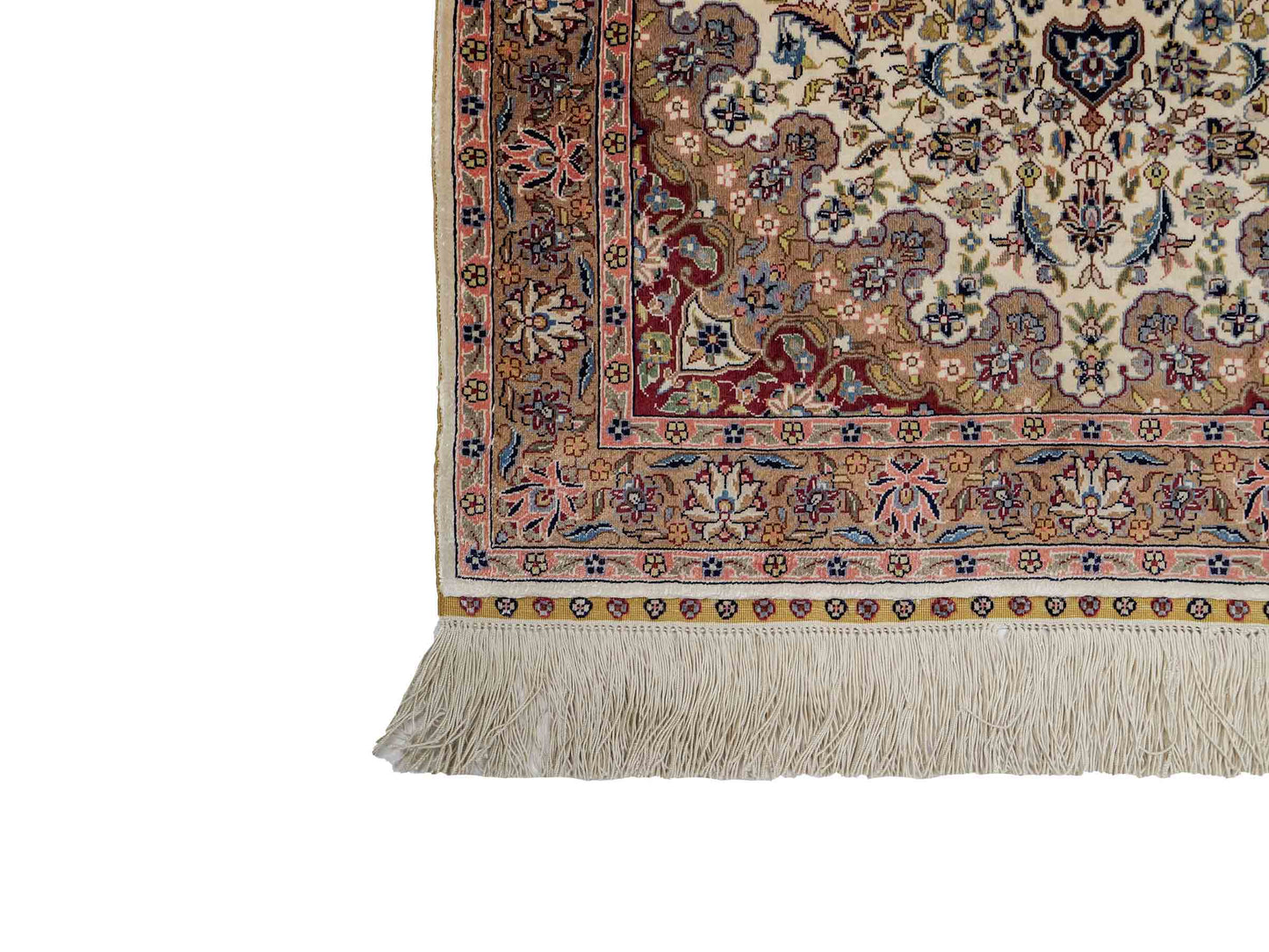 Sehr feiner, handgeknüpfter Khademi Orientteppich mit Ghom Design aus reiner Seide, weiß, creme. 91x62 cm. Vertrieb durch Jupiter Intl.