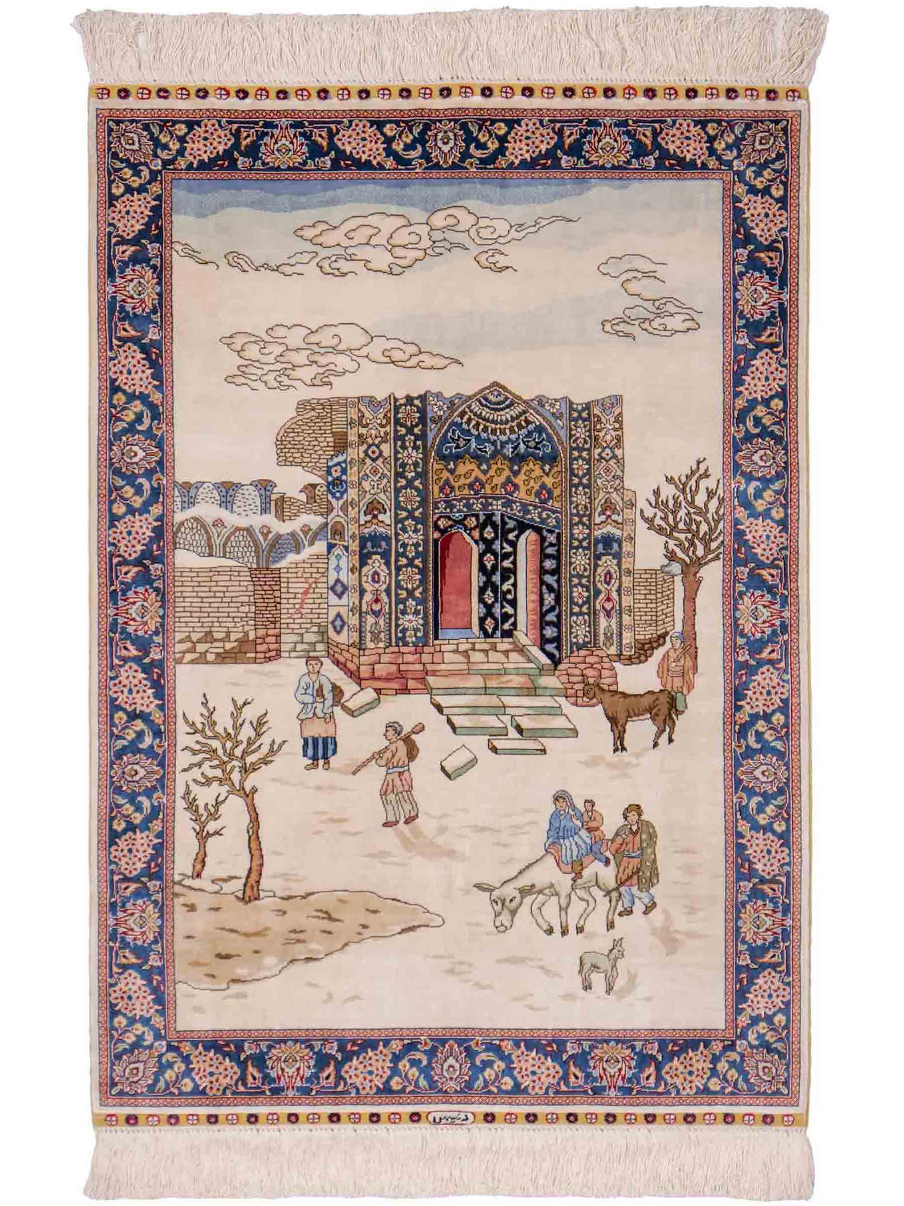 Sehr feiner, handgeknüpfter Khademi Orientteppich mit Ghom Design aus reiner Seide, creme, weiß, blau. 92x63 cm. Vertrieb durch Jupiter Intl.