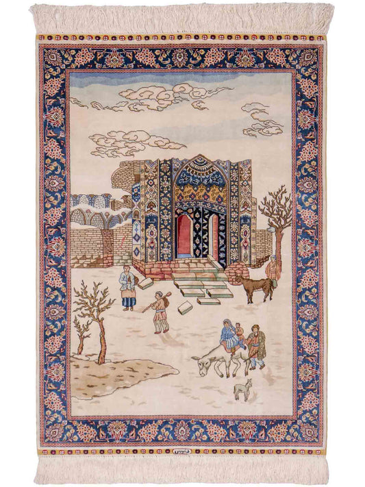 Sehr feiner, handgeknüpfter Khademi Orientteppich mit Ghom Design aus reiner Seide, creme, weiß, blau. 92x63 cm. Vertrieb durch Jupiter Intl.
