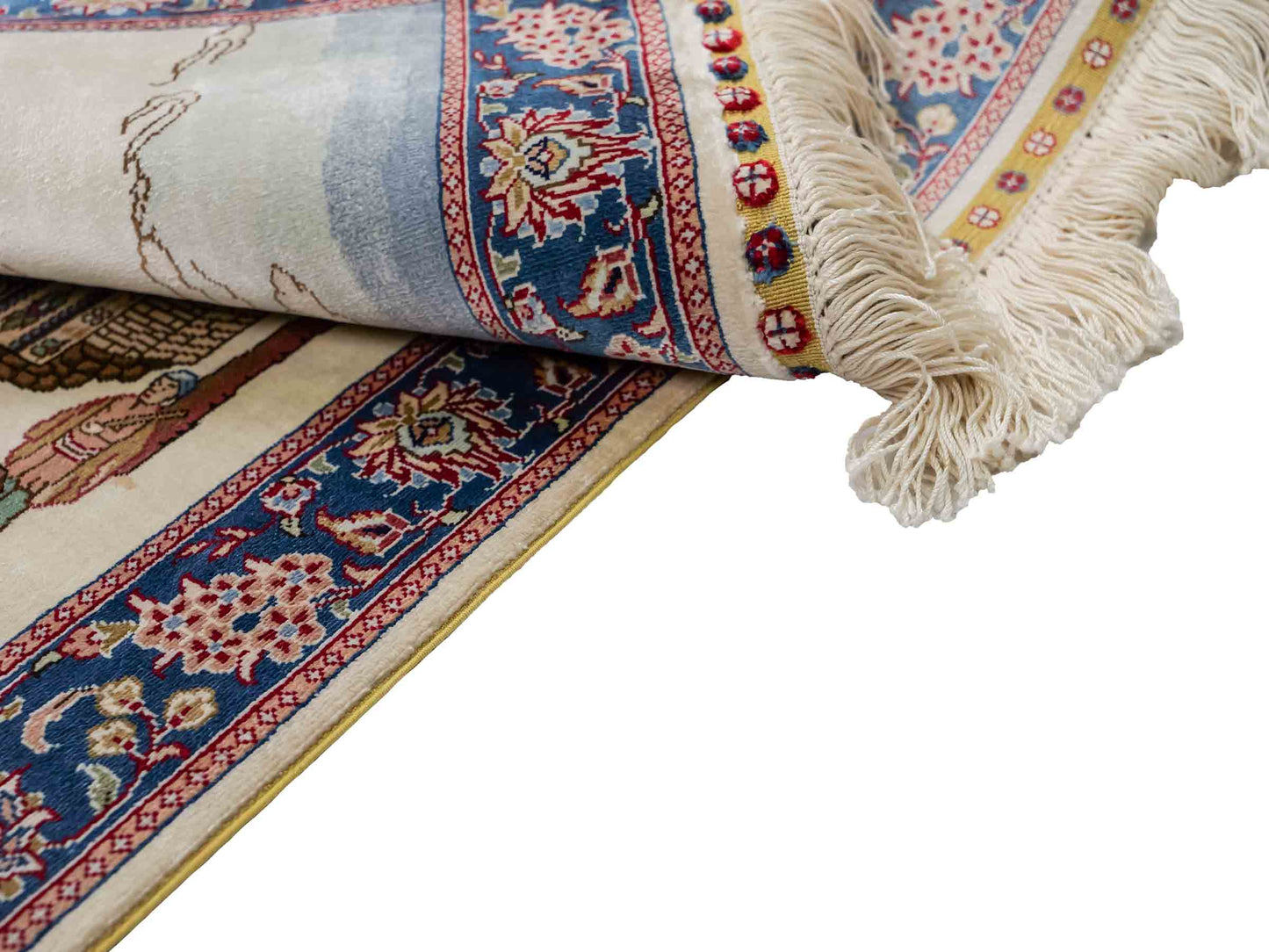 Sehr feiner, handgeknüpfter Khademi Orientteppich mit Ghom Design aus reiner Seide, creme, weiß, blau. 92x63 cm. Vertrieb durch Jupiter Intl.
