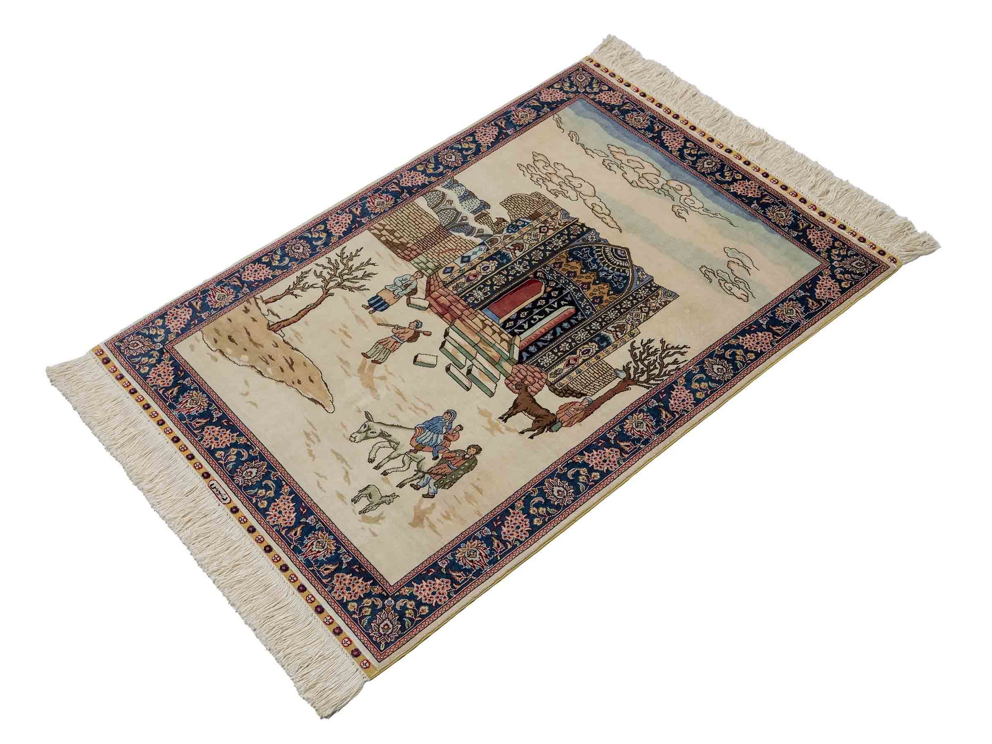 Sehr feiner, handgeknüpfter Khademi Orientteppich mit Ghom Design aus reiner Seide, creme, weiß, blau. 92x63 cm. Vertrieb durch Jupiter Intl.