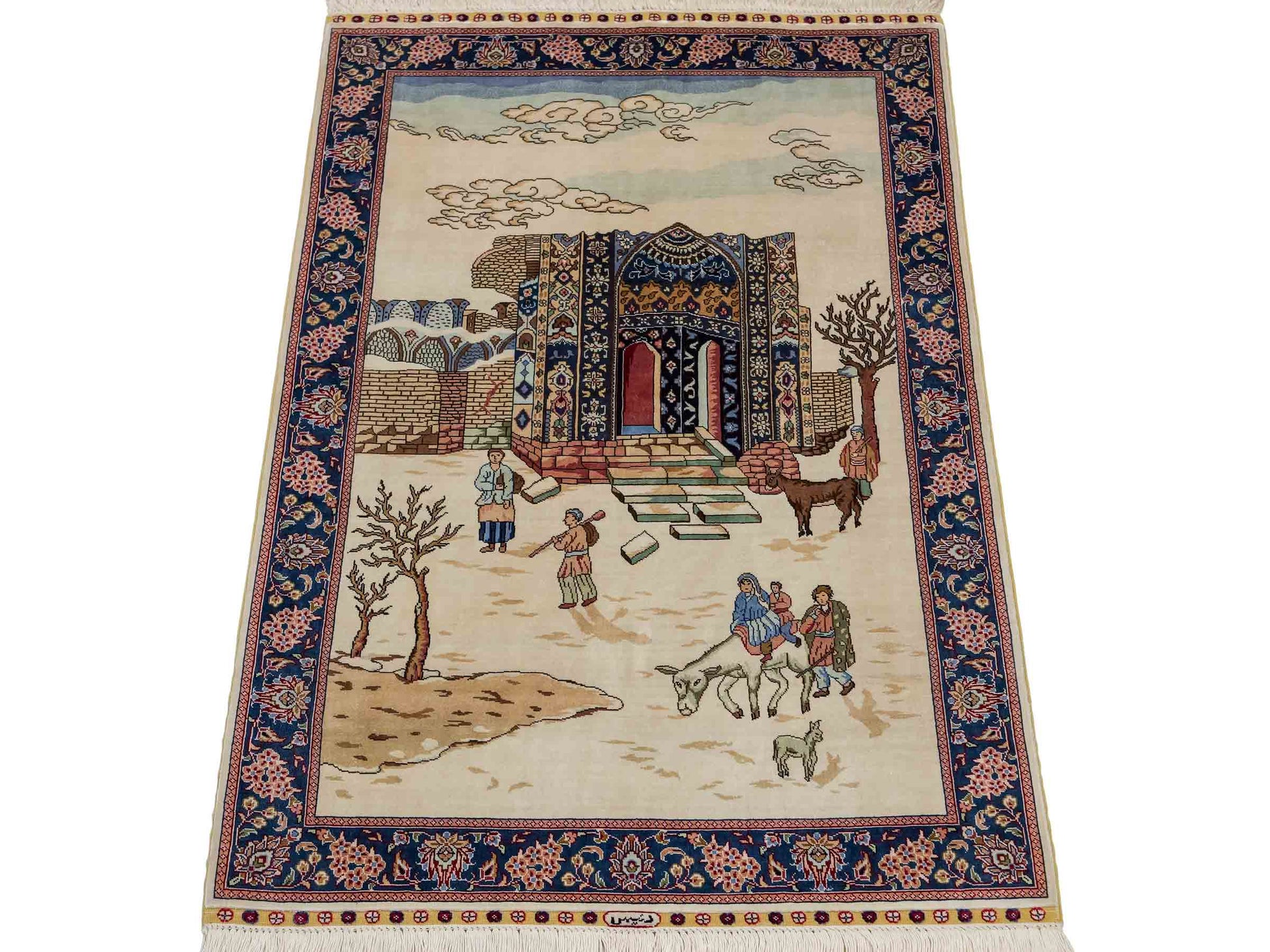 Sehr feiner, handgeknüpfter Khademi Orientteppich mit Ghom Design aus reiner Seide, creme, weiß, blau. 92x63 cm. Vertrieb durch Jupiter Intl.
