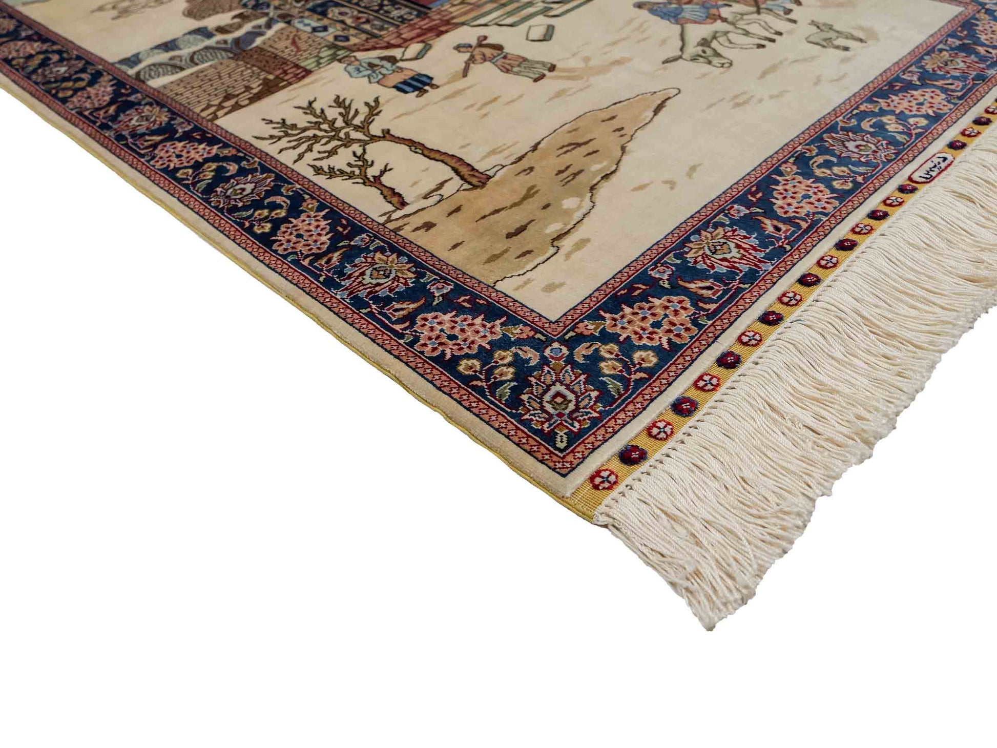 Sehr feiner, handgeknüpfter Khademi Orientteppich mit Ghom Design aus reiner Seide, creme, weiß, blau. 92x63 cm. Vertrieb durch Jupiter Intl.