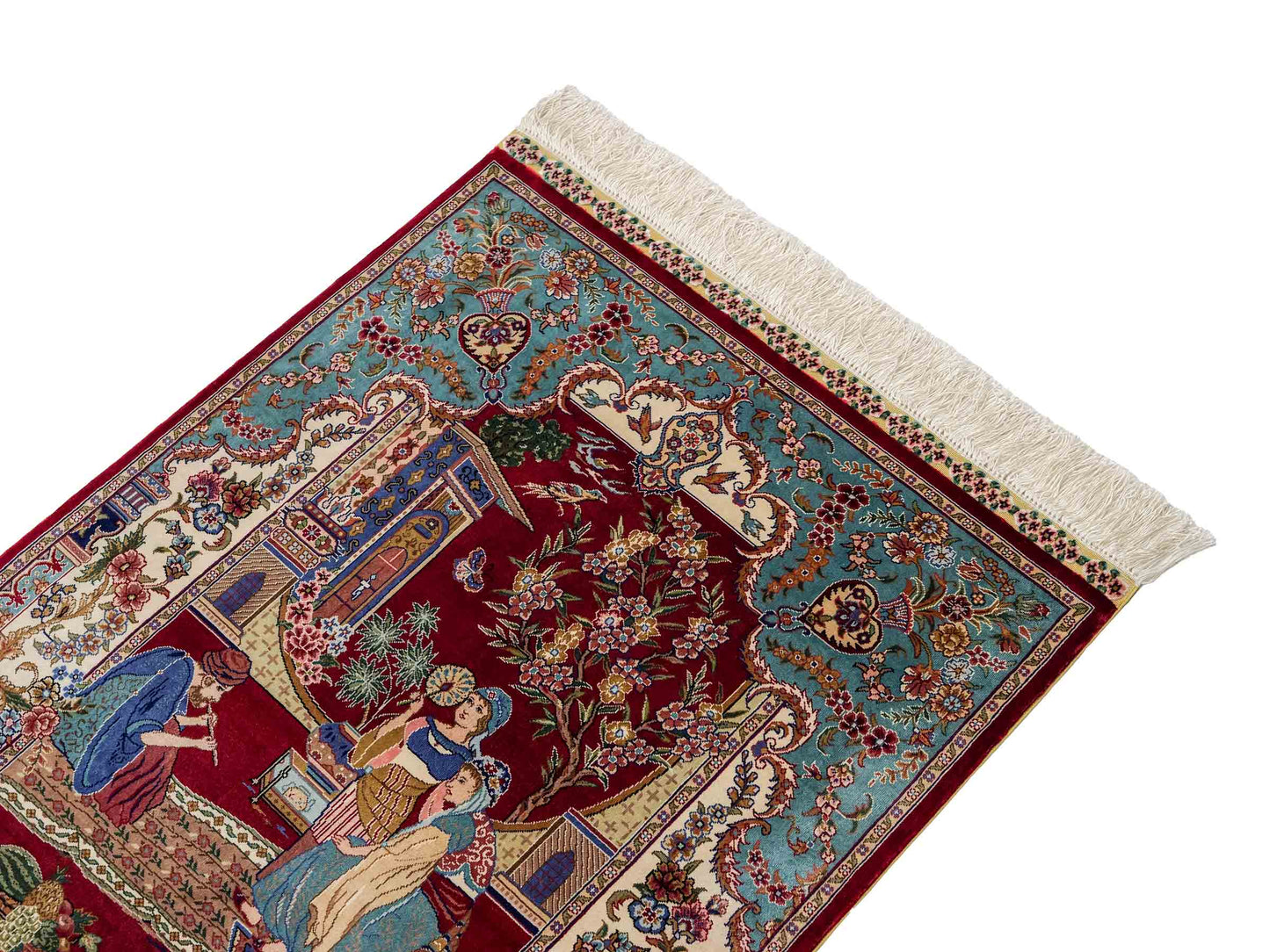 Sehr feiner, handgeknüpfter Khademi Orientteppich mit Ghom Design aus reiner Seide, rot, blau, creme. 92x63 cm. Vertrieb durch Jupiter Intl.