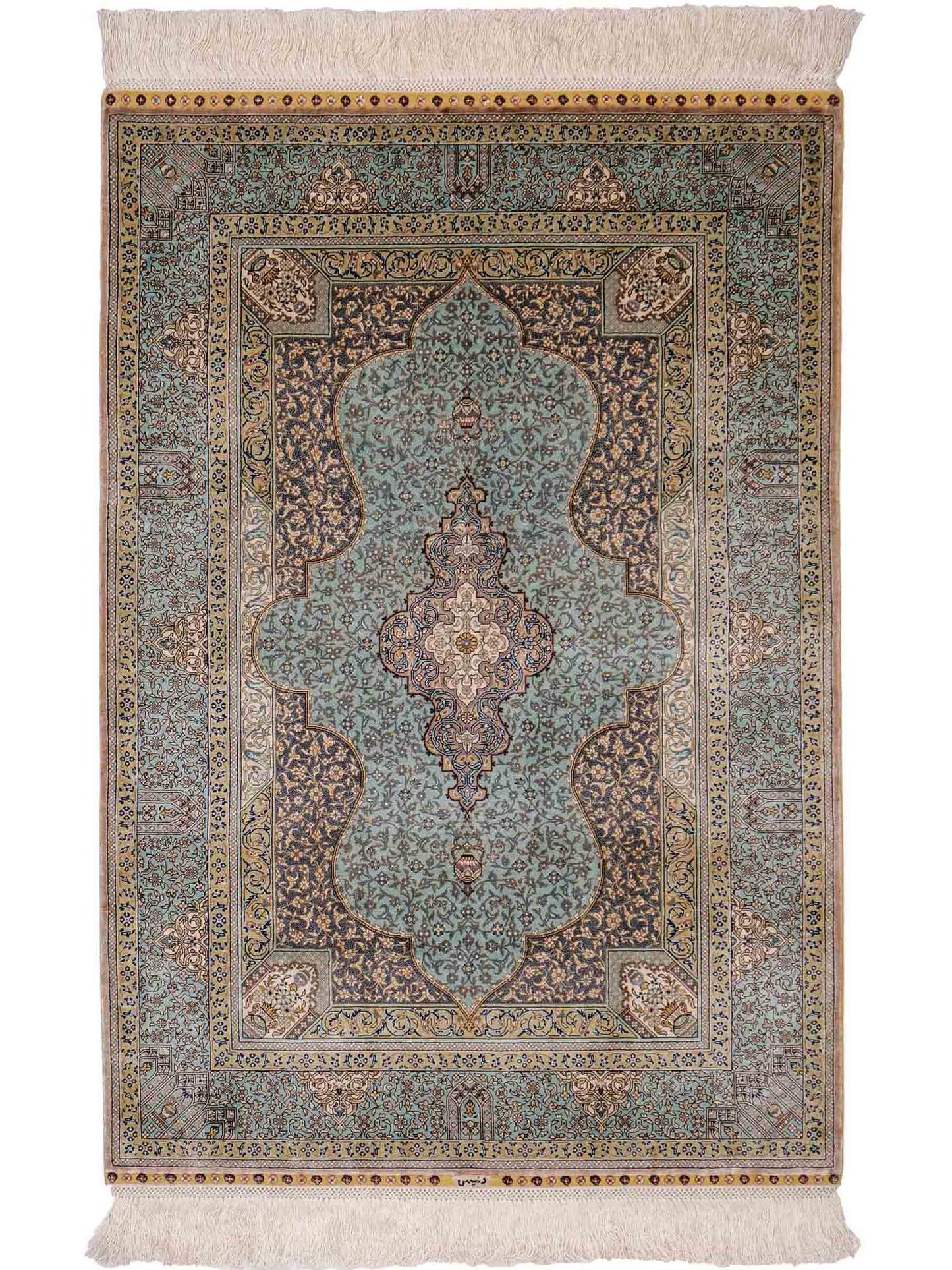 Extrem feiner, handgeknüpfter Khademi Orientteppich mit Ghom Design aus purer Seide, blau, multicolor. 92x63 cm. Vertrieb durch Jupiter Intl.