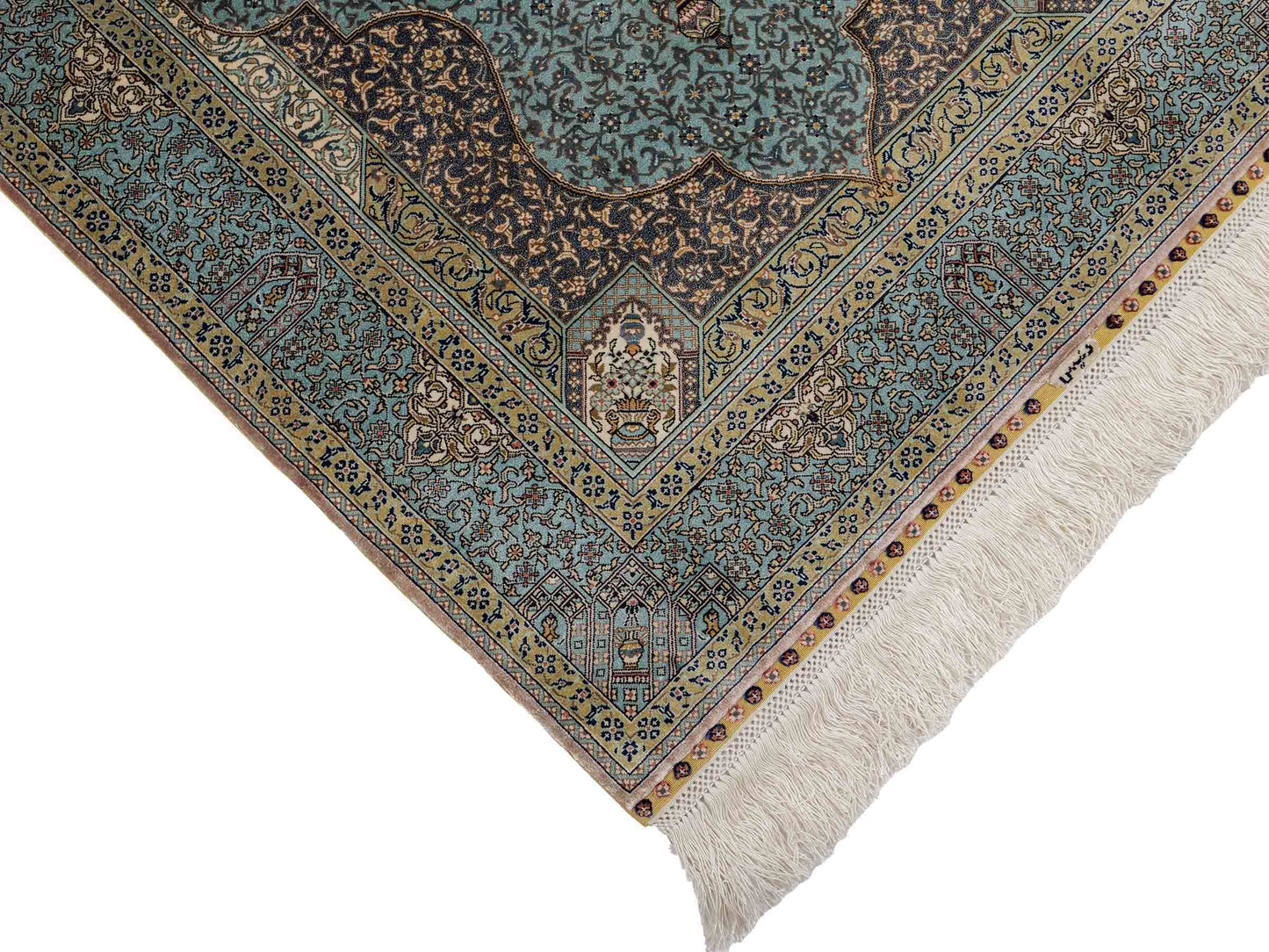 Extrem feiner, handgeknüpfter Khademi Orientteppich mit Ghom Design aus purer Seide, blau, multicolor. 92x63 cm. Vertrieb durch Jupiter Intl.