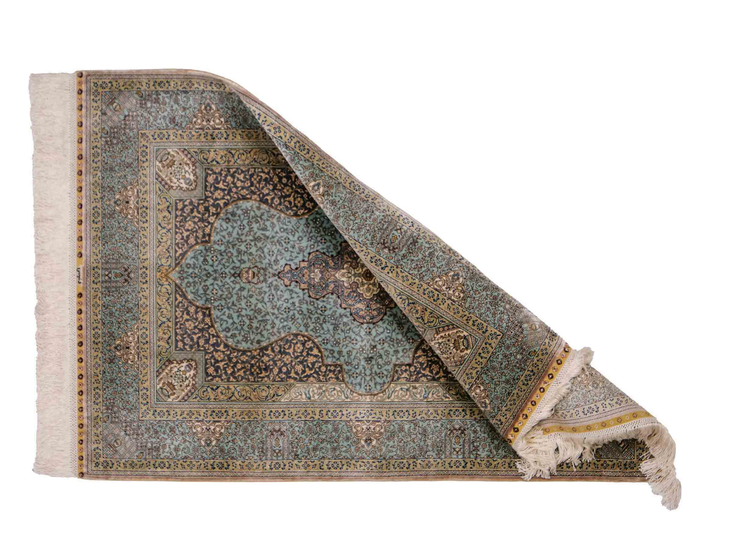Extrem feiner, handgeknüpfter Khademi Orientteppich mit Ghom Design aus purer Seide, blau, multicolor. 92x63 cm. Vertrieb durch Jupiter Intl.