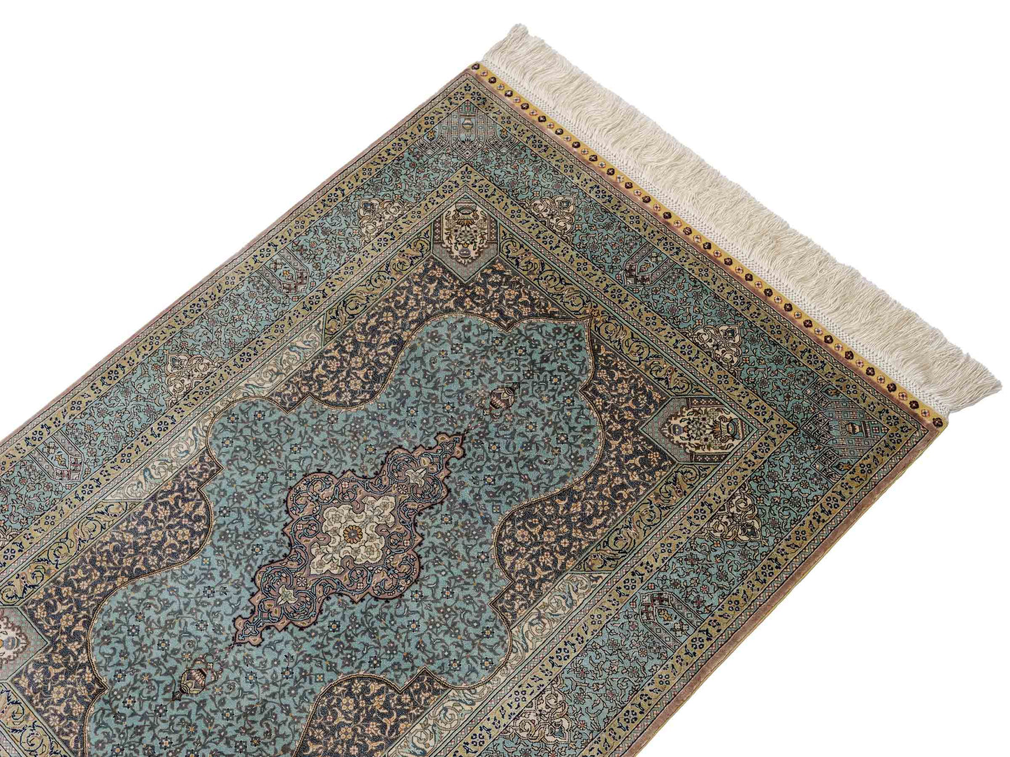 Extrem feiner, handgeknüpfter Khademi Orientteppich mit Ghom Design aus purer Seide, blau, multicolor. 92x63 cm. Vertrieb durch Jupiter Intl.