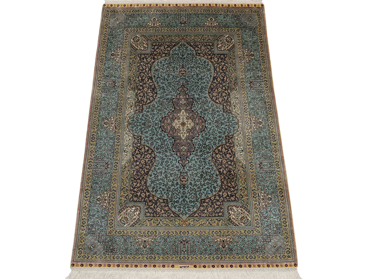 Extrem feiner, handgeknüpfter Khademi Orientteppich mit Ghom Design aus purer Seide, blau, multicolor. 92x63 cm. Vertrieb durch Jupiter Intl.