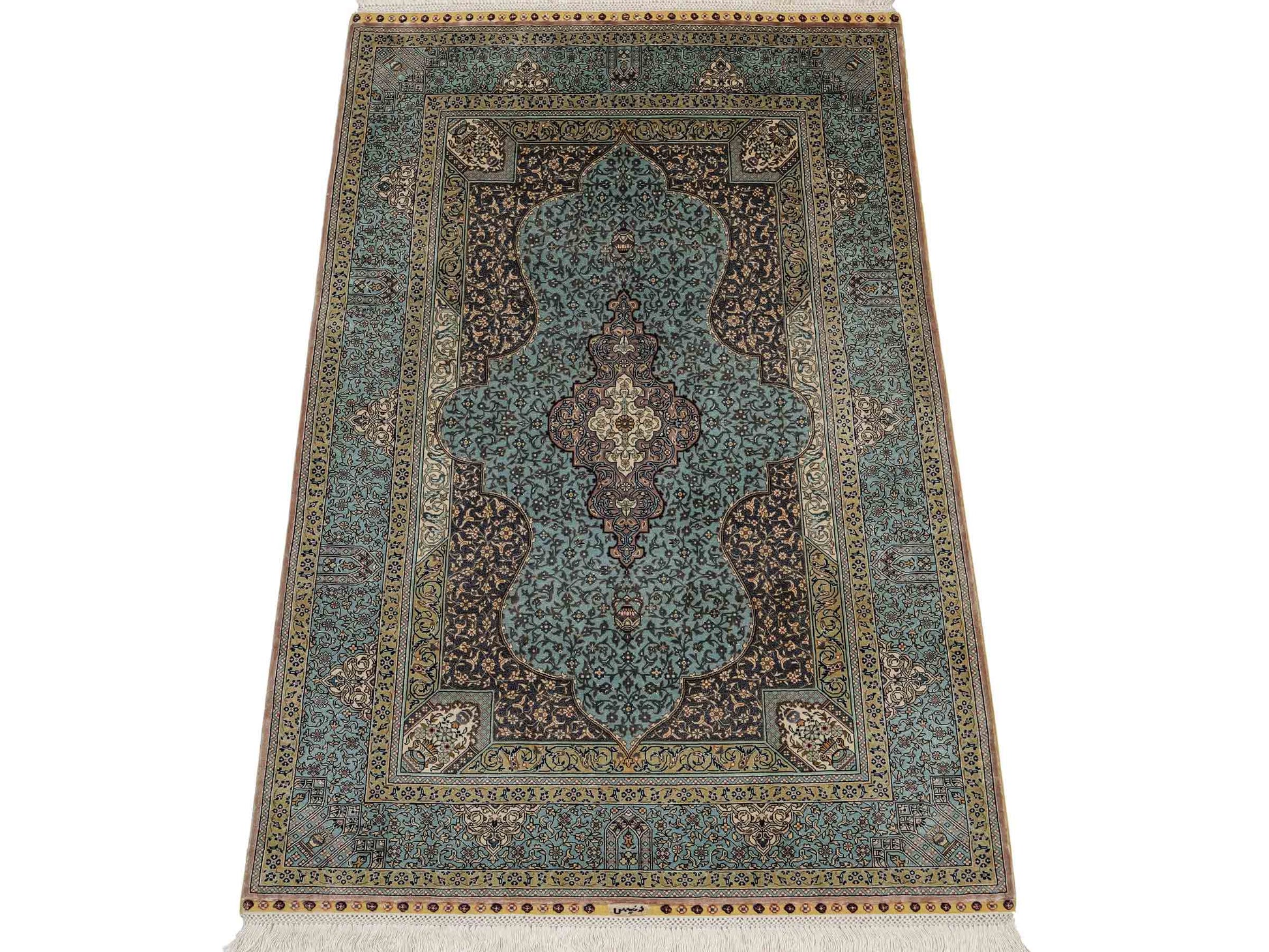 Extrem feiner, handgeknüpfter Khademi Orientteppich mit Ghom Design aus purer Seide, blau, multicolor. 92x63 cm. Vertrieb durch Jupiter Intl.