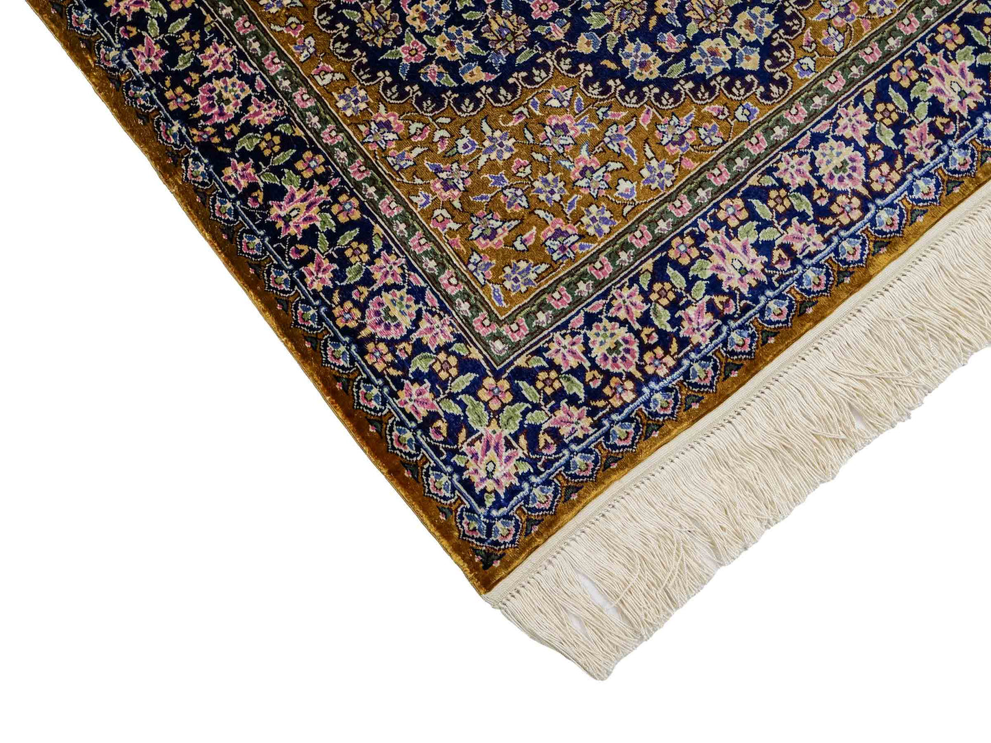 Sehr feiner, handgeknüpfter Khademi Orientteppich mit Ghom Design aus reiner Seide, oliv, braun, blau. 93x62 cm. Vertrieb durch Jupiter Intl.