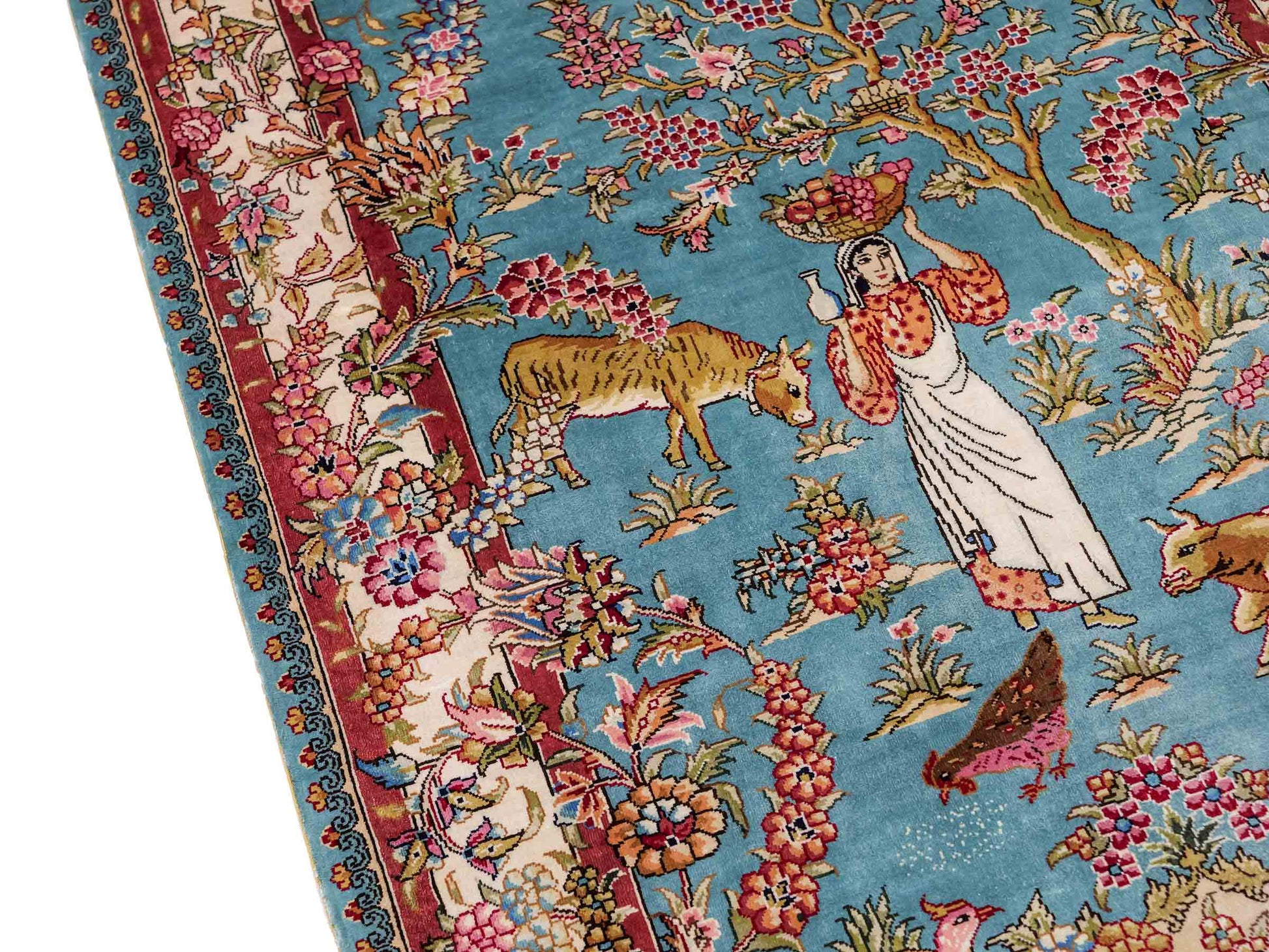 Sehr feiner, handgeknüpfter Khademi Orientteppich mit Ghom Design aus reiner Seide, blau, rot, creme, weiß. 93x63 cm. Vertrieb durch Jupiter Intl.