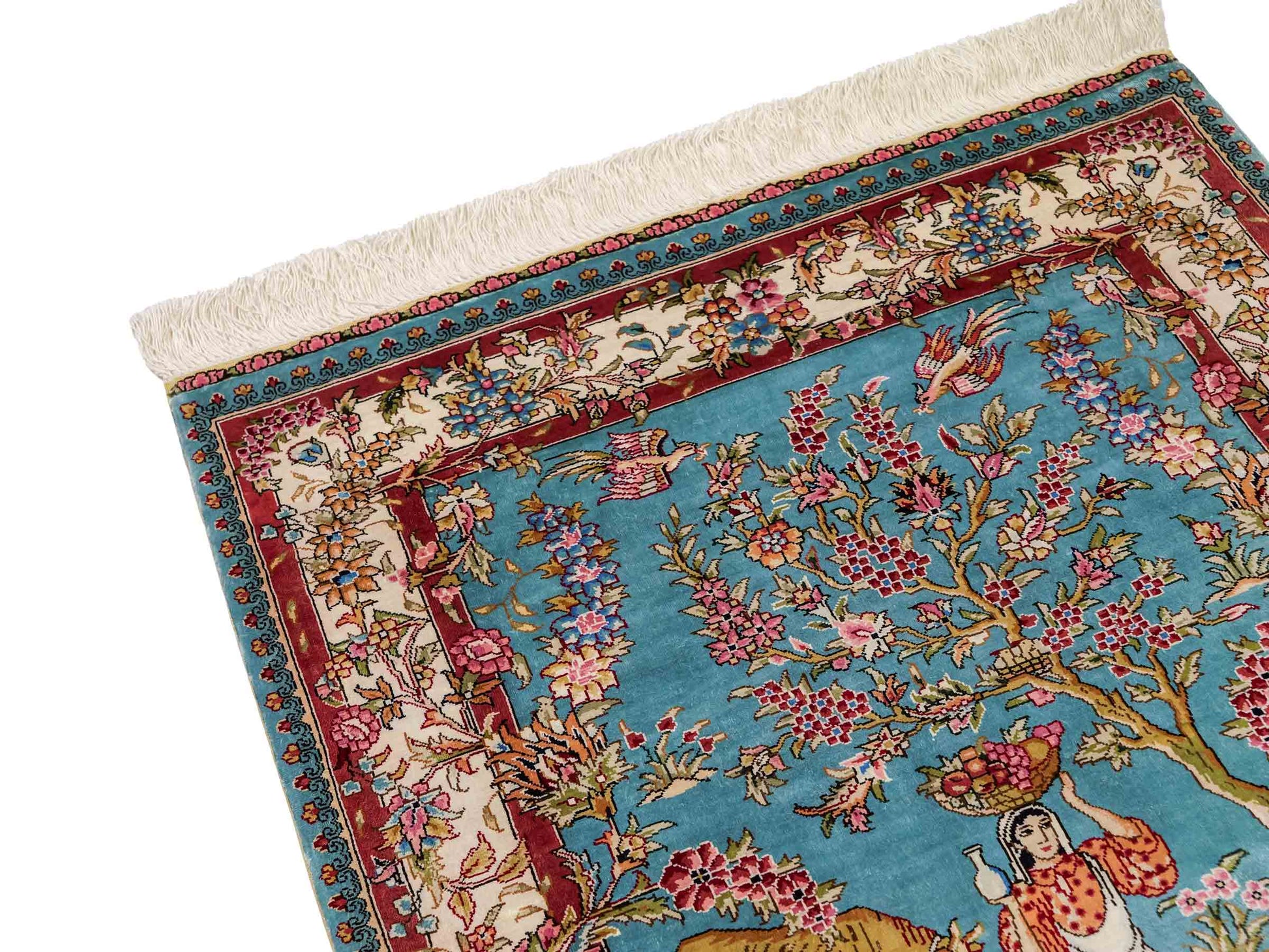 Sehr feiner, handgeknüpfter Khademi Orientteppich mit Ghom Design aus reiner Seide, blau, rot, creme, weiß. 93x63 cm. Vertrieb durch Jupiter Intl.