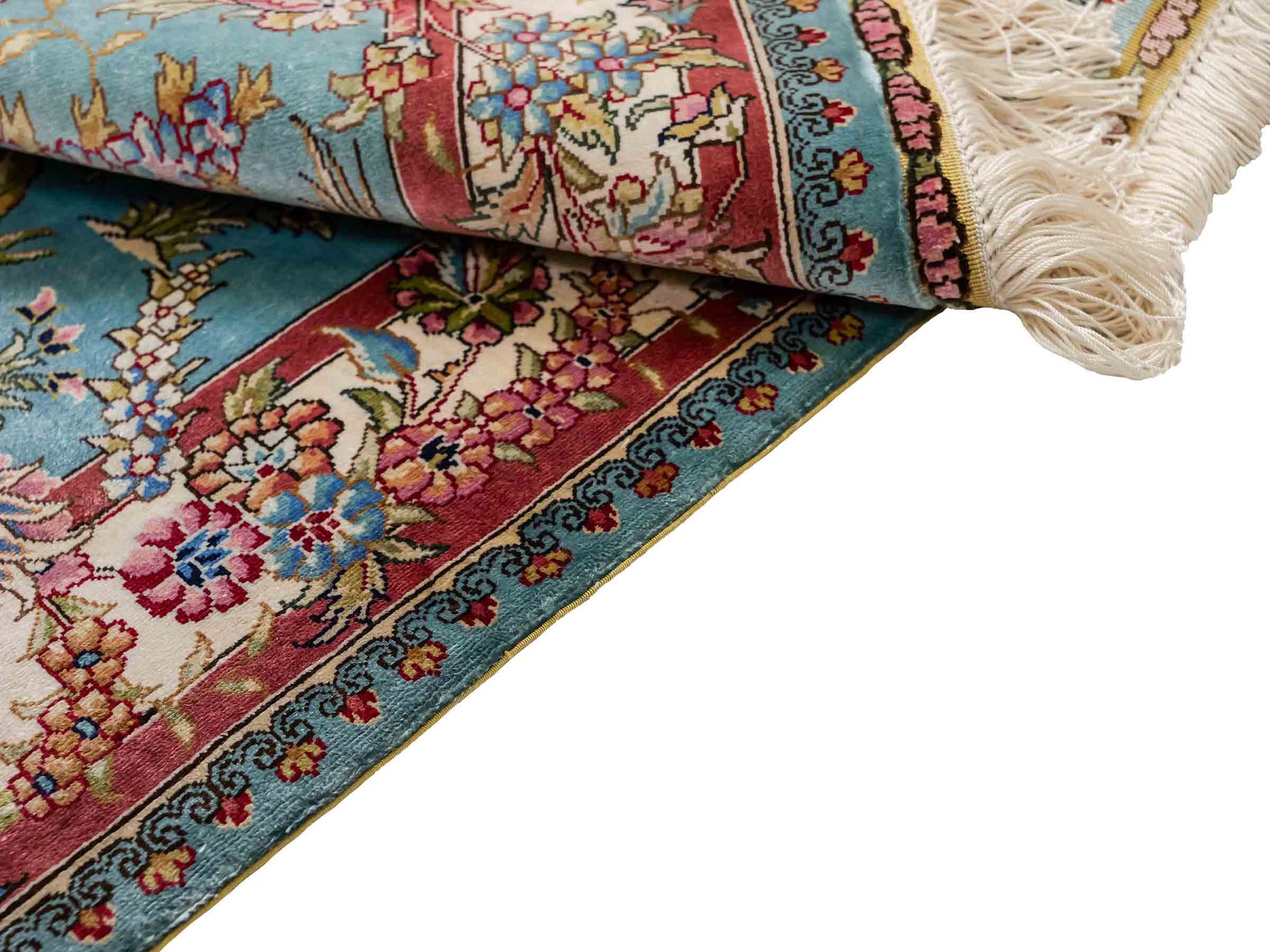 Sehr feiner, handgeknüpfter Khademi Orientteppich mit Ghom Design aus reiner Seide, blau, rot, creme, weiß. 93x63 cm. Vertrieb durch Jupiter Intl.