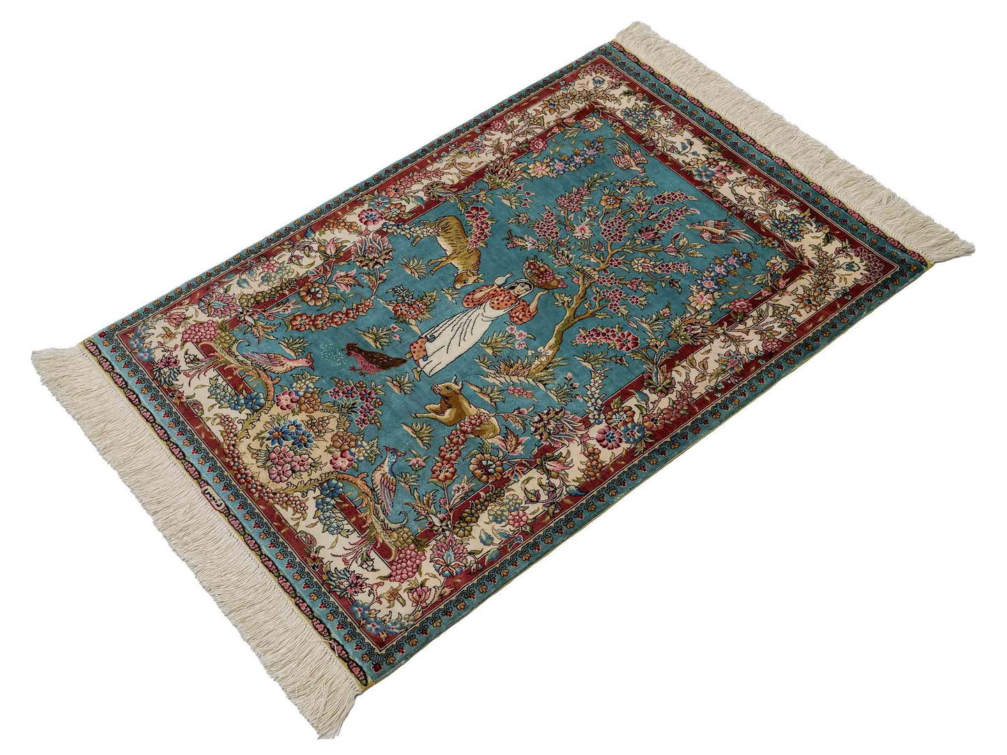 Sehr feiner, handgeknüpfter Khademi Orientteppich mit Ghom Design aus reiner Seide, blau, rot, creme, weiß. 93x63 cm. Vertrieb durch Jupiter Intl.