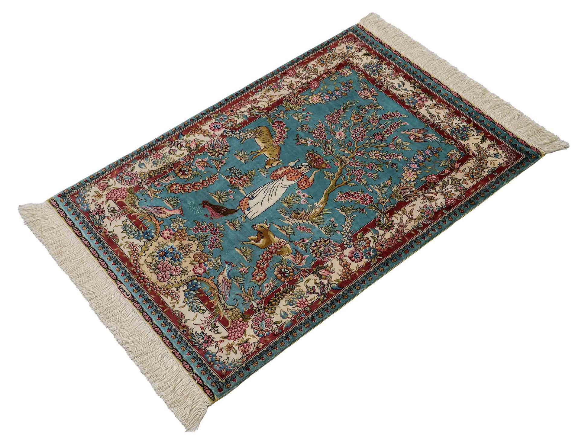 Sehr feiner, handgeknüpfter Khademi Orientteppich mit Ghom Design aus reiner Seide, blau, rot, creme, weiß. 93x63 cm. Vertrieb durch Jupiter Intl.