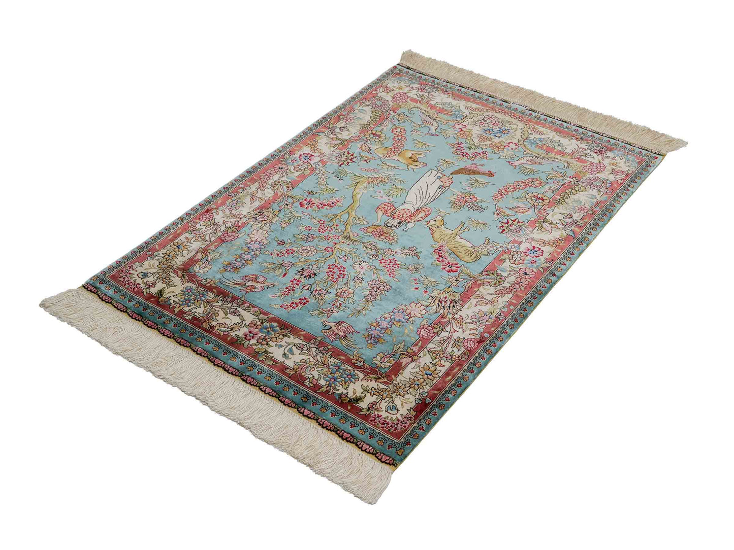 Sehr feiner, handgeknüpfter Khademi Orientteppich mit Ghom Design aus reiner Seide, blau, rot, creme, weiß. 93x63 cm. Vertrieb durch Jupiter Intl.