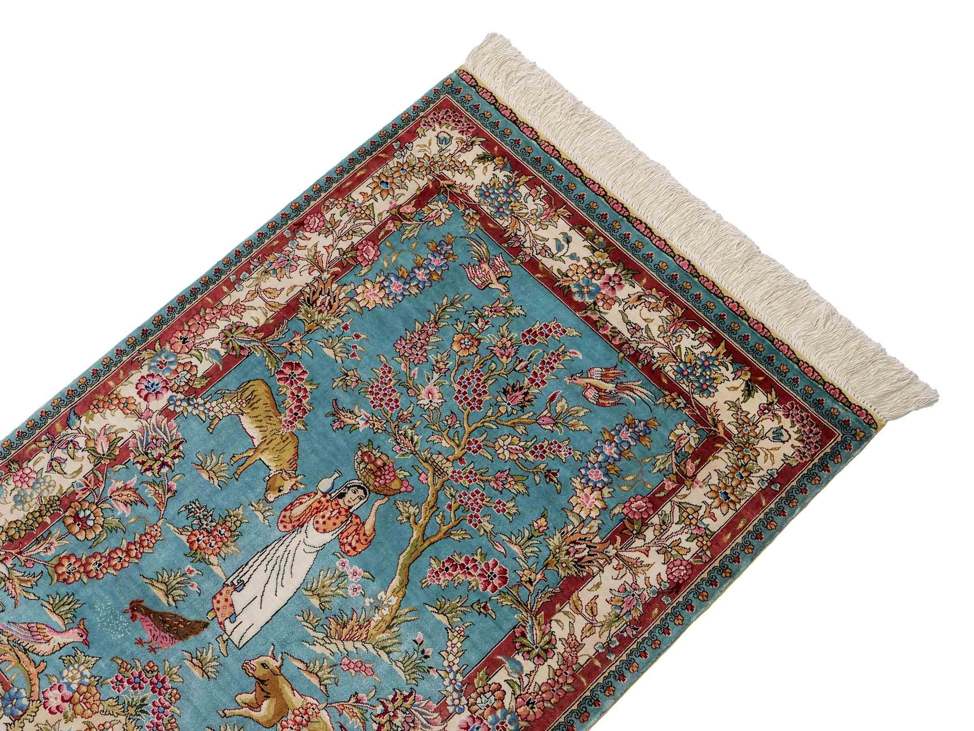 Sehr feiner, handgeknüpfter Khademi Orientteppich mit Ghom Design aus reiner Seide, blau, rot, creme, weiß. 93x63 cm. Vertrieb durch Jupiter Intl.