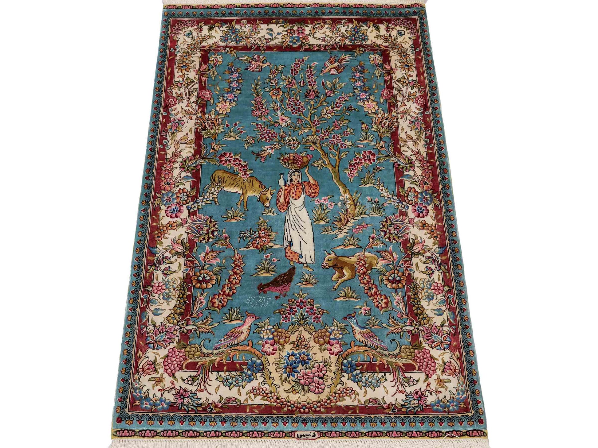 Sehr feiner, handgeknüpfter Khademi Orientteppich mit Ghom Design aus reiner Seide, blau, rot, creme, weiß. 93x63 cm. Vertrieb durch Jupiter Intl.
