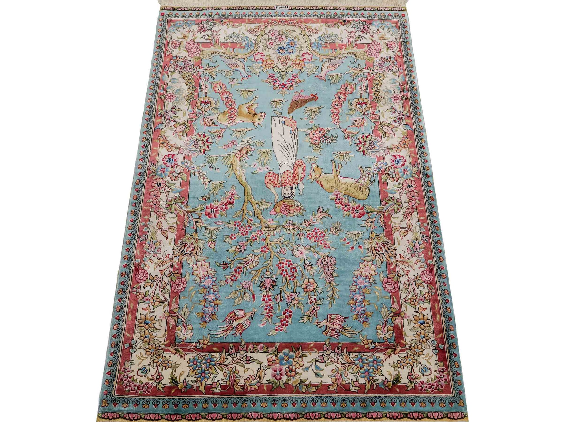 Sehr feiner, handgeknüpfter Khademi Orientteppich mit Ghom Design aus reiner Seide, blau, rot, creme, weiß. 93x63 cm. Vertrieb durch Jupiter Intl.