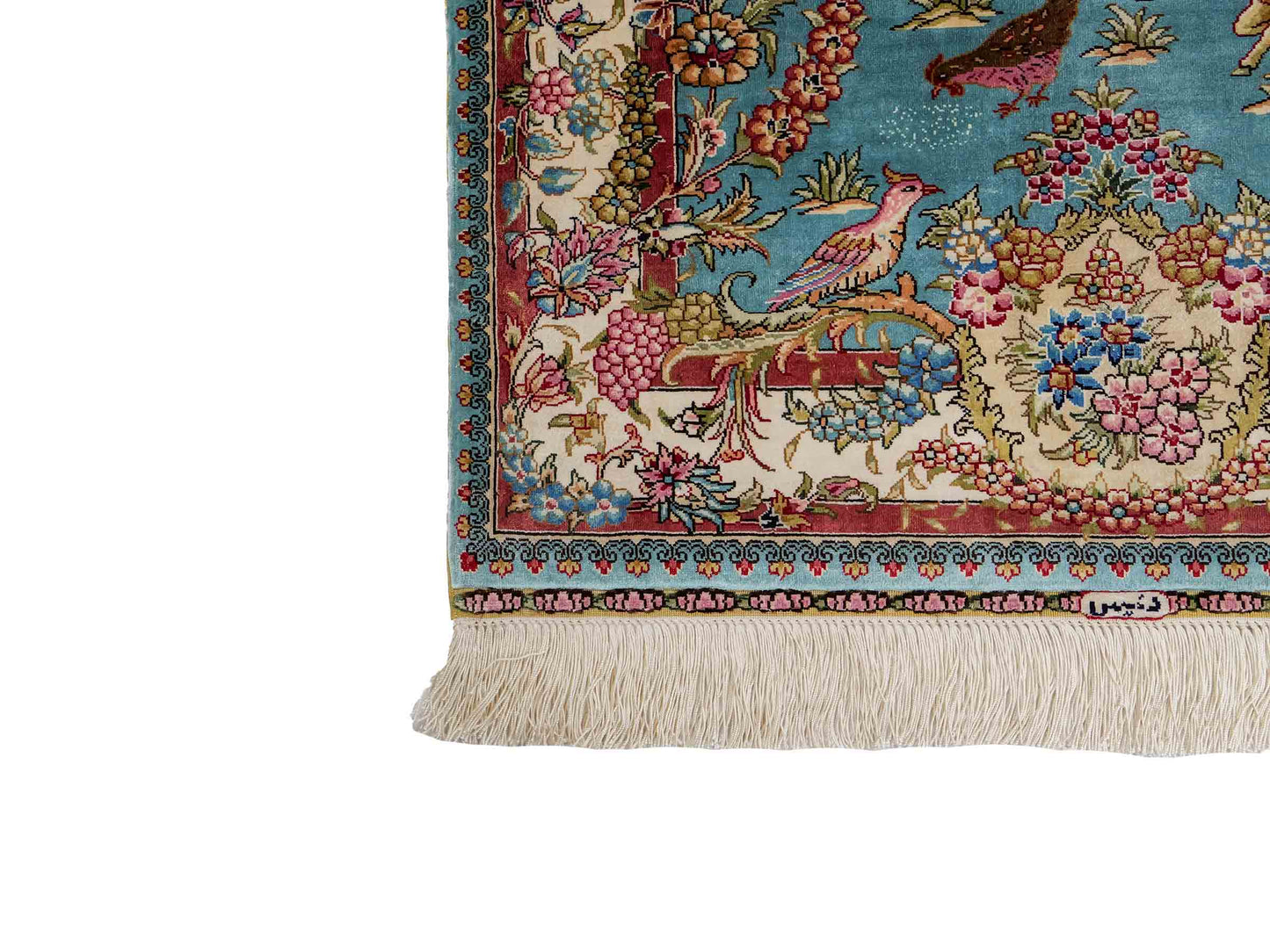 Sehr feiner, handgeknüpfter Khademi Orientteppich mit Ghom Design aus reiner Seide, blau, rot, creme, weiß. 93x63 cm. Vertrieb durch Jupiter Intl.