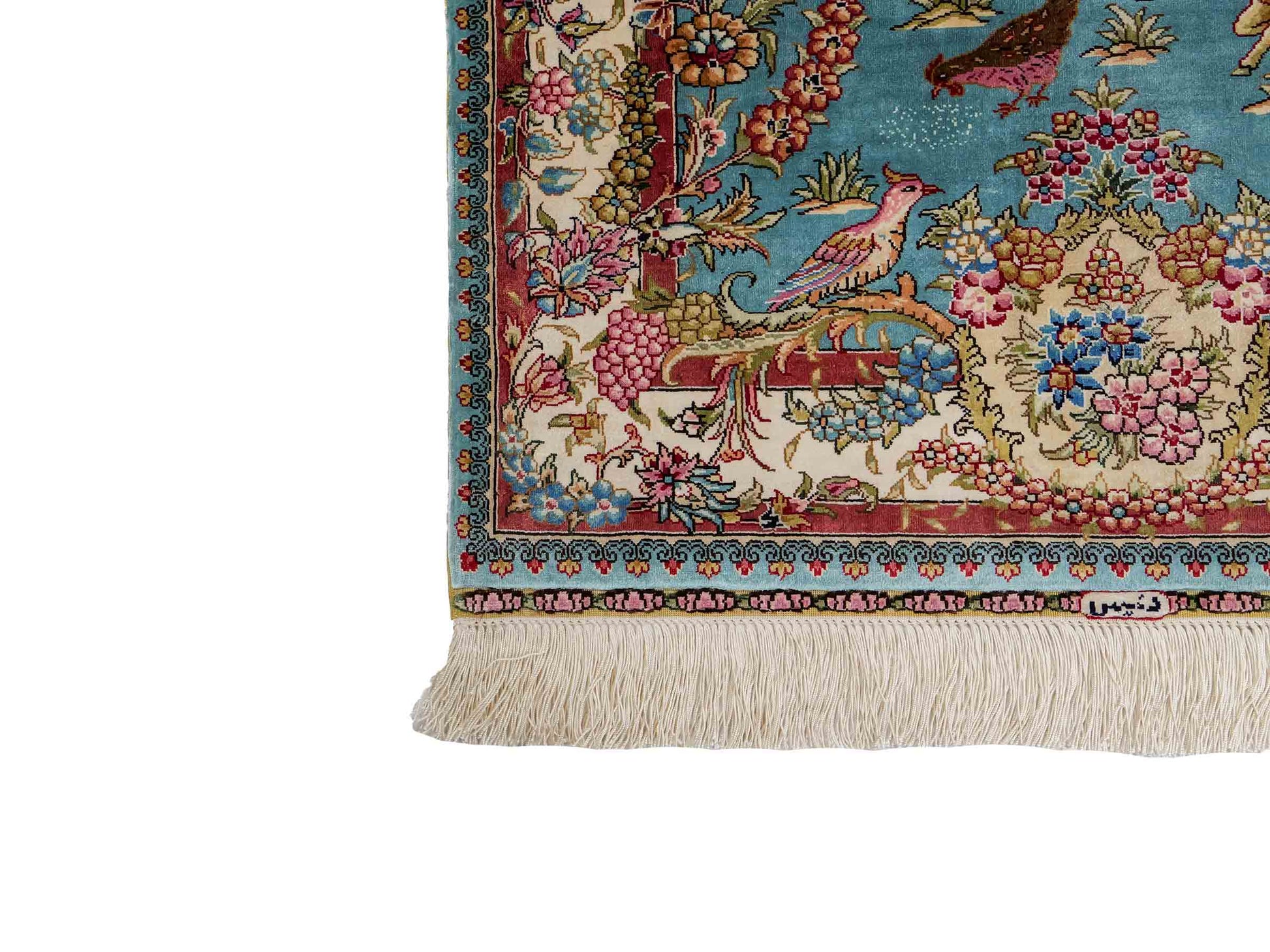 Sehr feiner, handgeknüpfter Khademi Orientteppich mit Ghom Design aus reiner Seide, blau, rot, creme, weiß. 93x63 cm. Vertrieb durch Jupiter Intl.