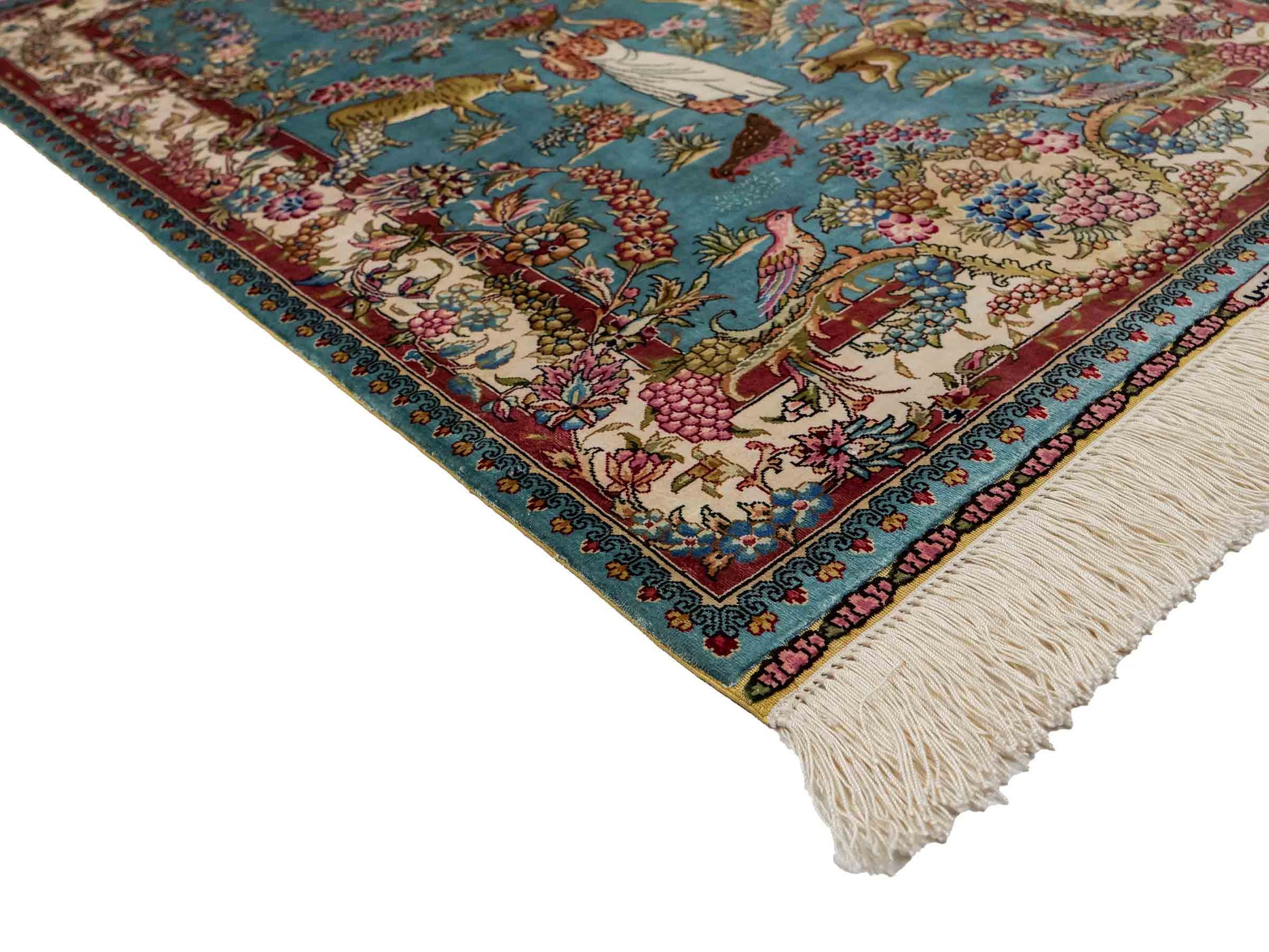 Sehr feiner, handgeknüpfter Khademi Orientteppich mit Ghom Design aus reiner Seide, blau, rot, creme, weiß. 93x63 cm. Vertrieb durch Jupiter Intl.