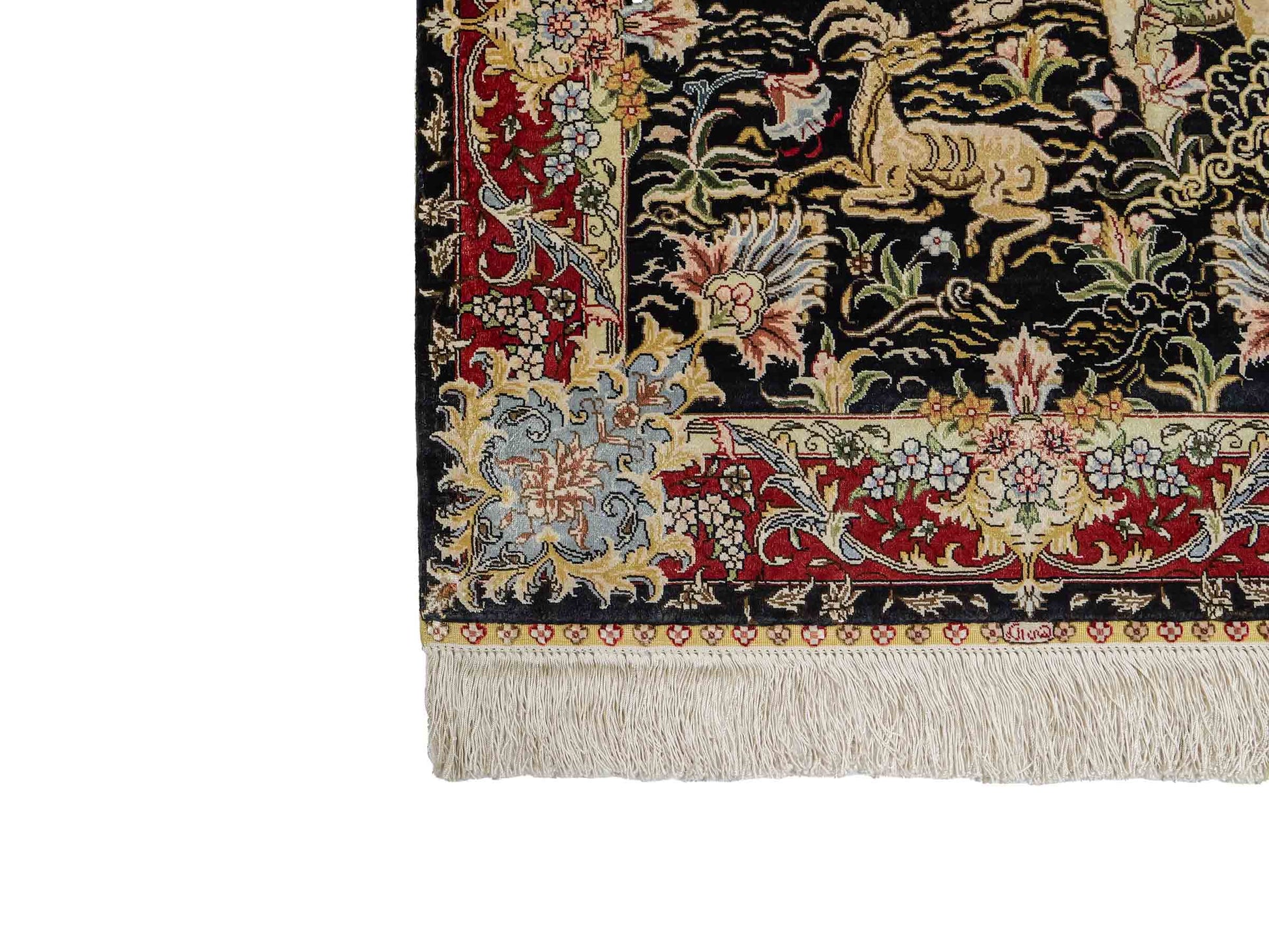 Sehr feiner, handgeknüpfter Khademi Orientteppich mit Ghom Design aus reiner Seide, schwarz, rot. 93x63 cm. Vertrieb durch Jupiter Intl.