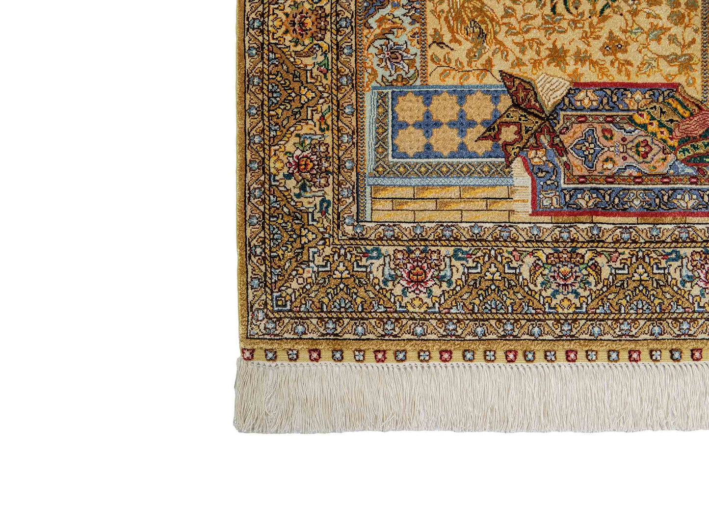 Sehr feiner, handgeknüpfter Khademi Orientteppich mit Ghom Design aus reiner Seide, gold, beige, blau. 93x63 cm. Vertrieb durch Jupiter Intl.