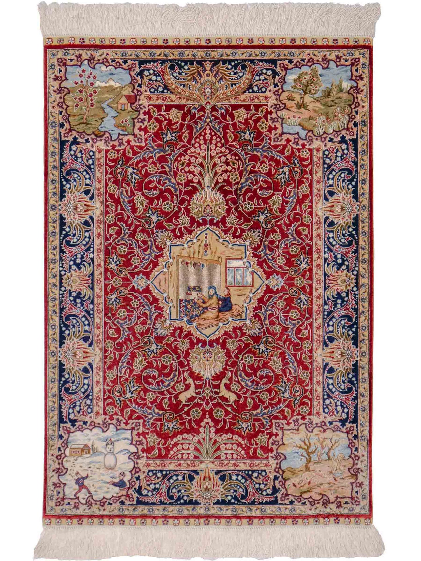 Sehr feiner, handgeknüpfter Khademi Orientteppich mit Ghom Design aus reiner Seide, rot, blau. 93x63 cm. Vertrieb durch Jupiter Intl.