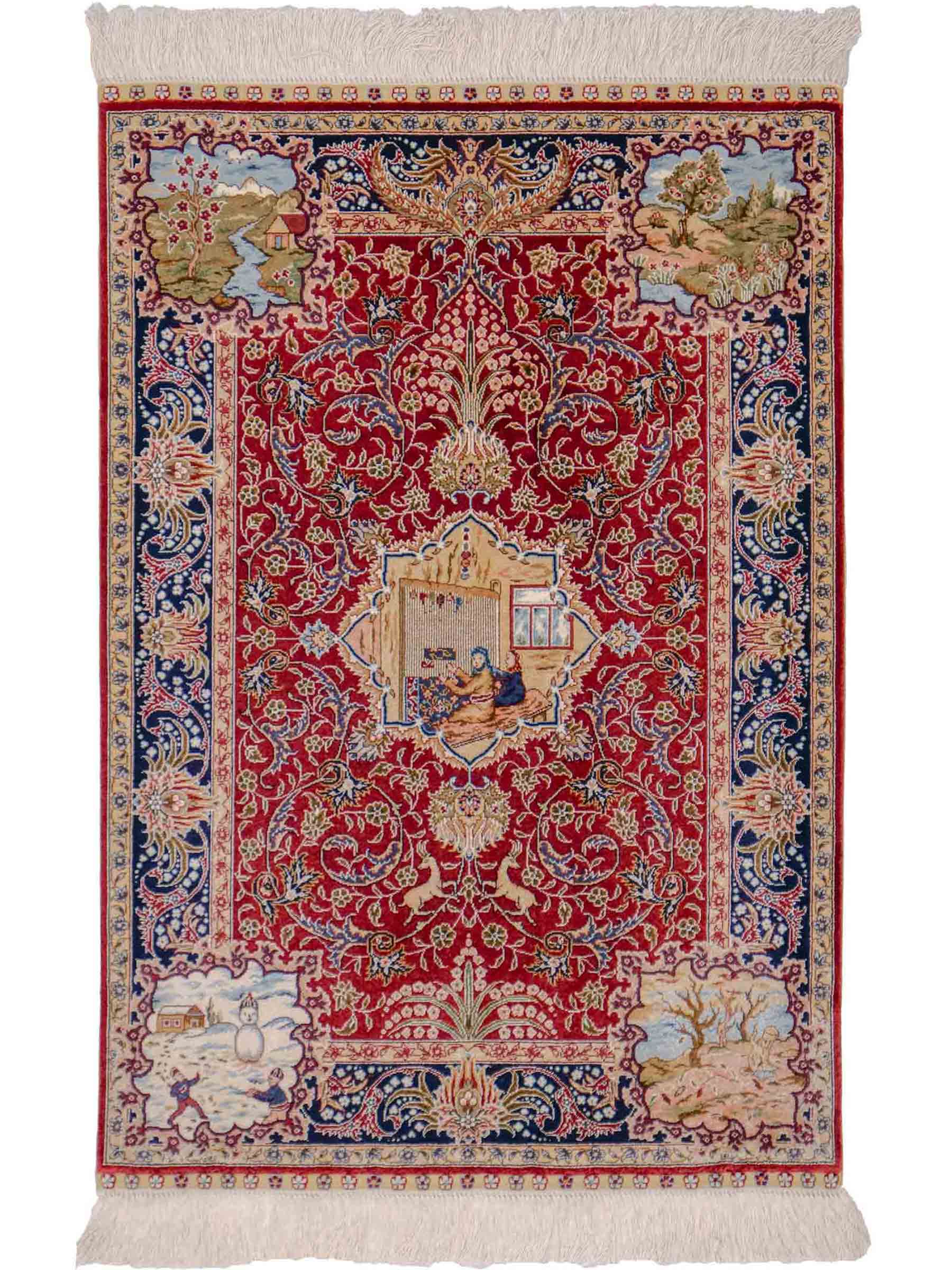Sehr feiner, handgeknüpfter Khademi Orientteppich mit Ghom Design aus reiner Seide, rot, blau. 93x63 cm. Vertrieb durch Jupiter Intl.