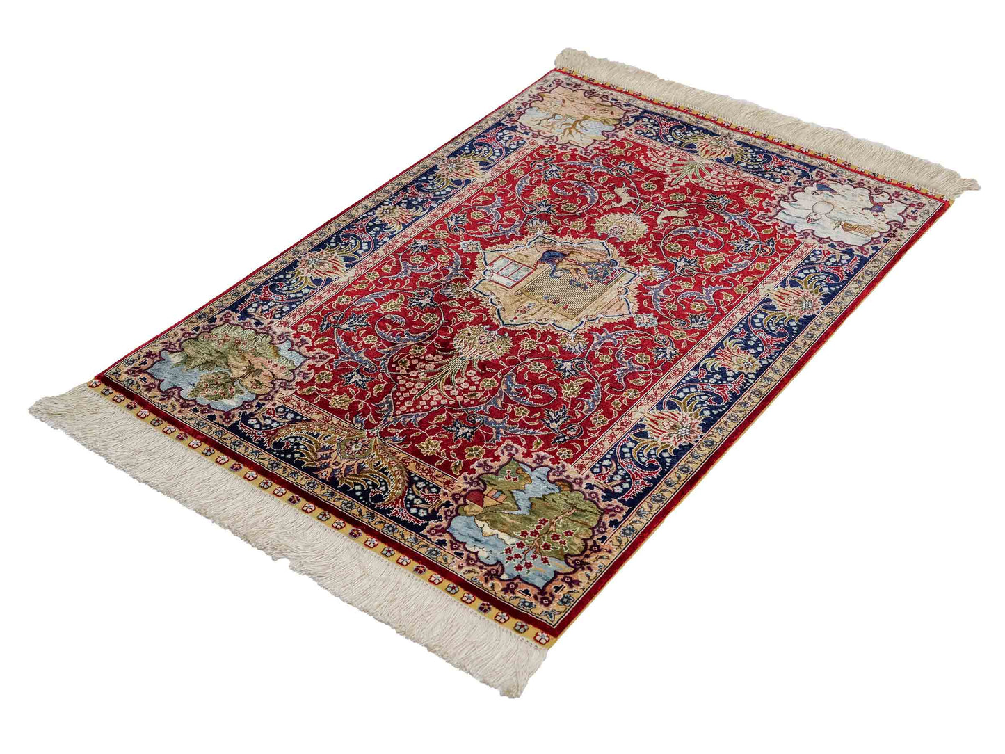 Sehr feiner, handgeknüpfter Khademi Orientteppich mit Ghom Design aus reiner Seide, rot, blau. 93x63 cm. Vertrieb durch Jupiter Intl.