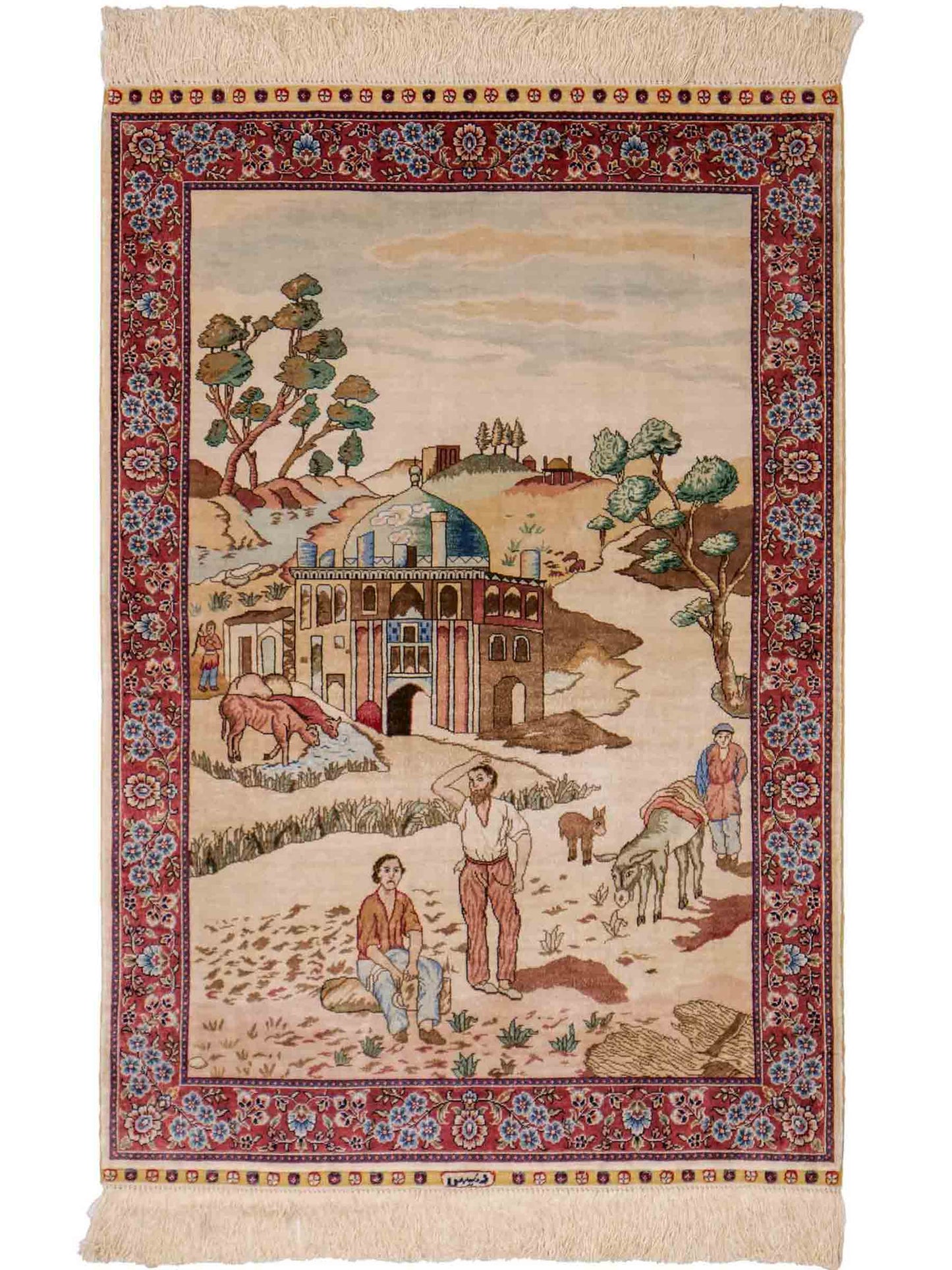 Sehr feiner, handgeknüpfter Khademi Orientteppich mit Ghom Design aus reiner Seide, creme, weiß, rosa. 94x63 cm. Vertrieb durch Jupiter Intl.