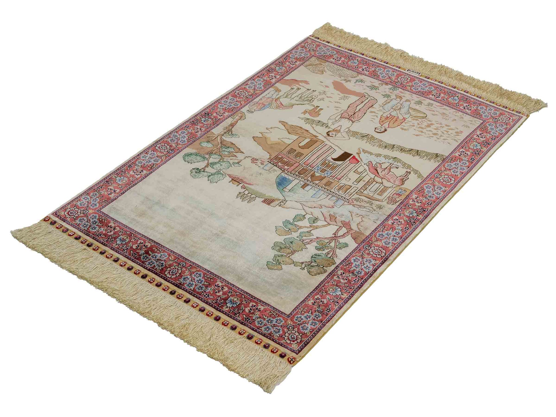Sehr feiner, handgeknüpfter Khademi Orientteppich mit Ghom Design aus reiner Seide, creme, weiß, rosa. 94x63 cm. Vertrieb durch Jupiter Intl.