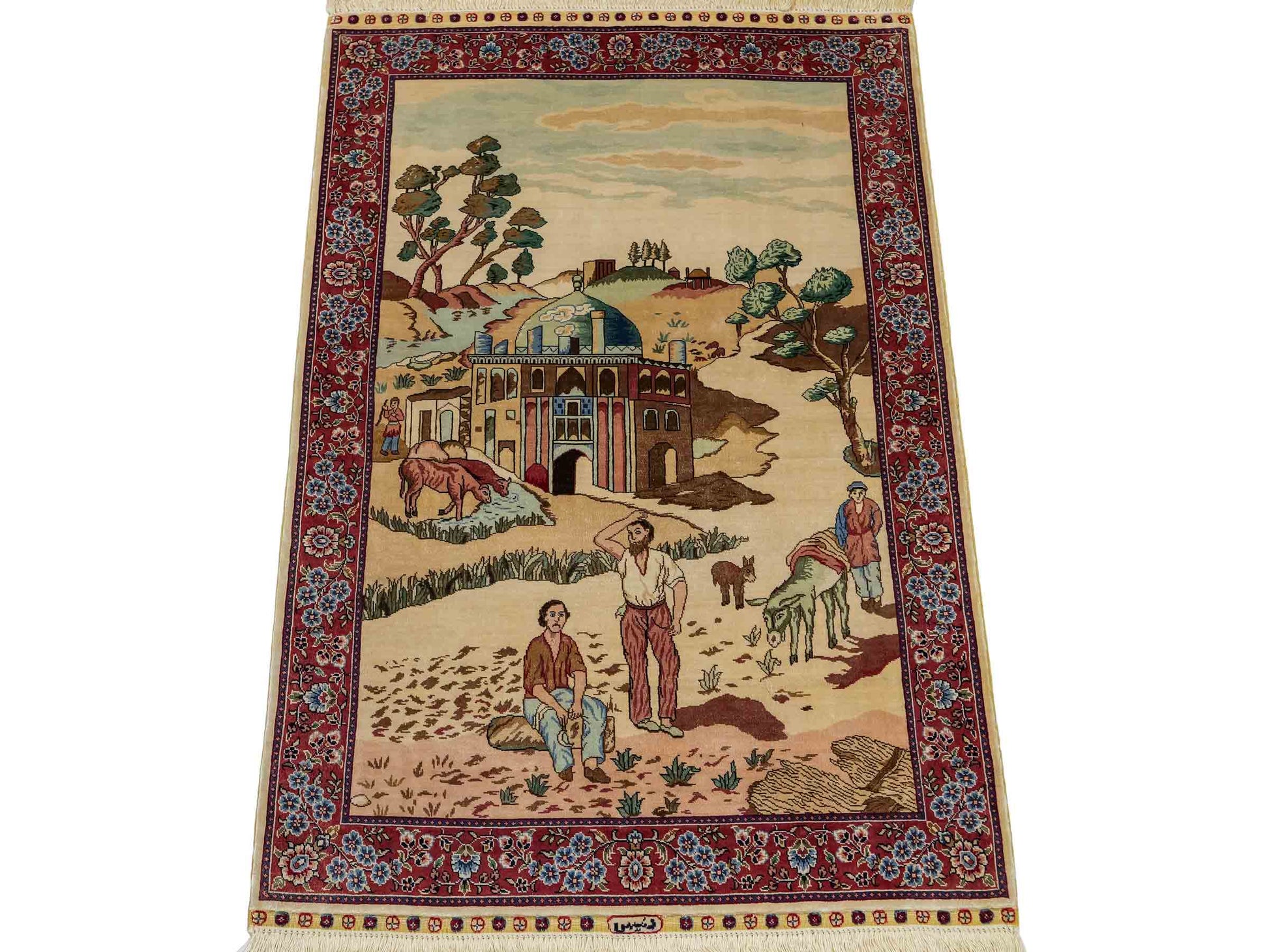 Sehr feiner, handgeknüpfter Khademi Orientteppich mit Ghom Design aus reiner Seide, creme, weiß, rosa. 94x63 cm. Vertrieb durch Jupiter Intl.
