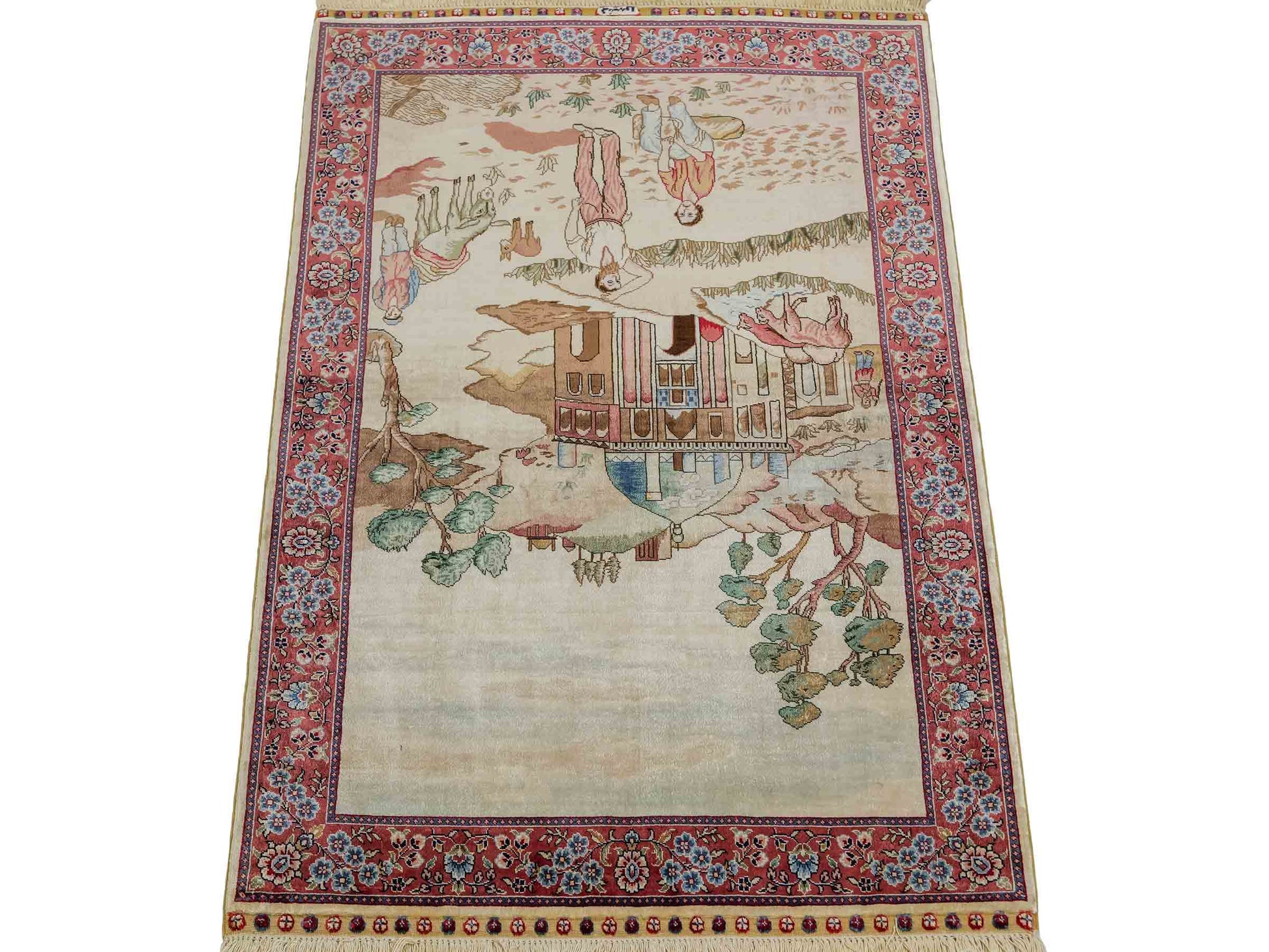 Sehr feiner, handgeknüpfter Khademi Orientteppich mit Ghom Design aus reiner Seide, creme, weiß, rosa. 94x63 cm. Vertrieb durch Jupiter Intl.