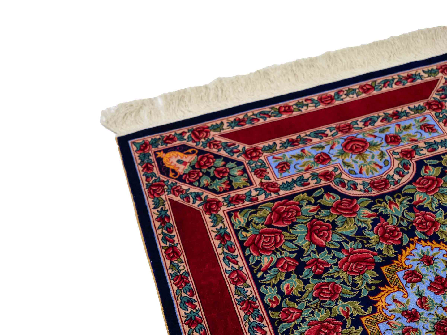 Sehr feiner, handgeknüpfter Khademi Orientteppich mit Ghom Design aus reiner Seide, blau, rot, grün. 94x63 cm. Vertrieb durch Jupiter Intl.