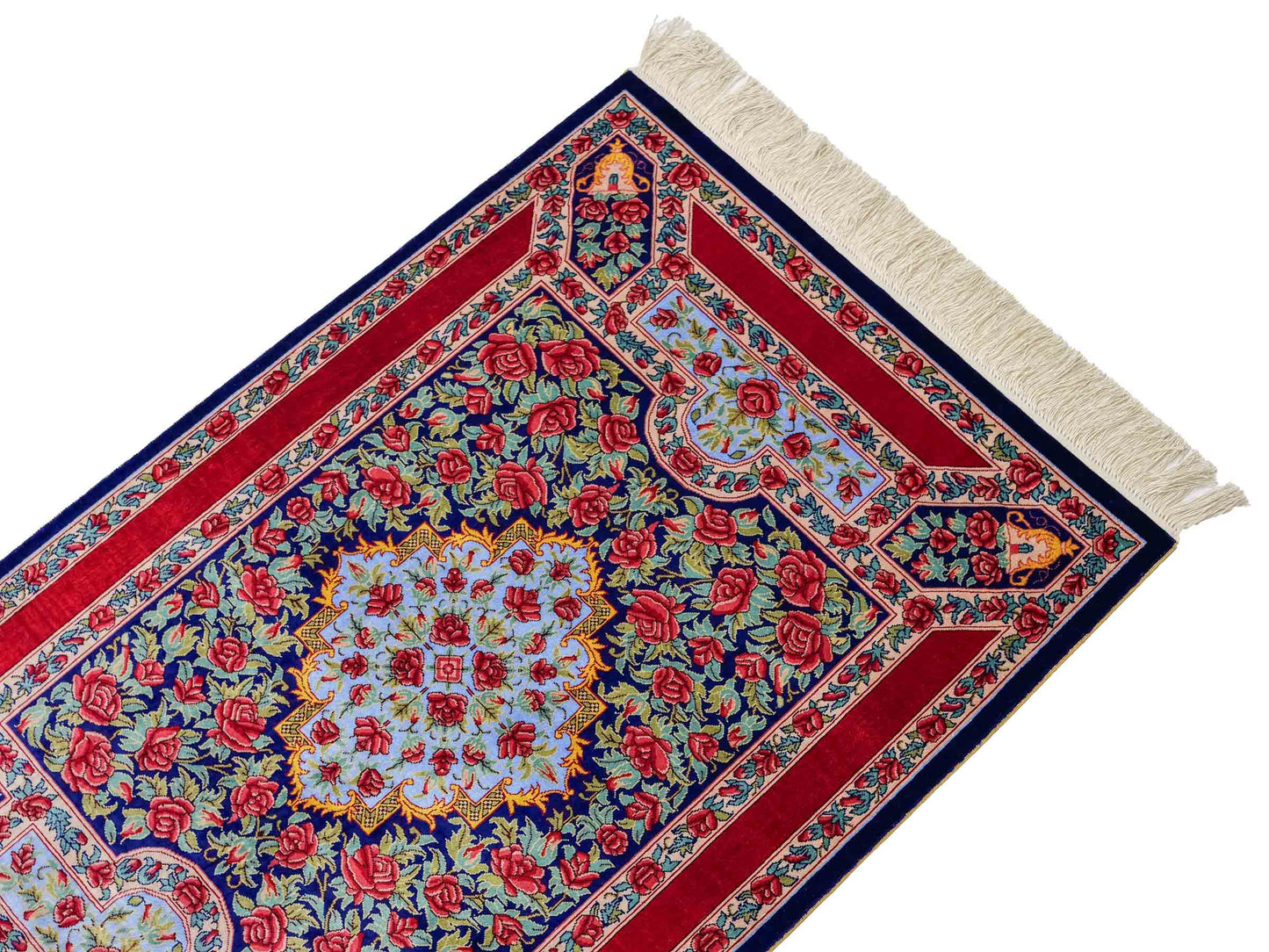 Sehr feiner, handgeknüpfter Khademi Orientteppich mit Ghom Design aus reiner Seide, blau, rot, grün. 94x63 cm. Vertrieb durch Jupiter Intl.