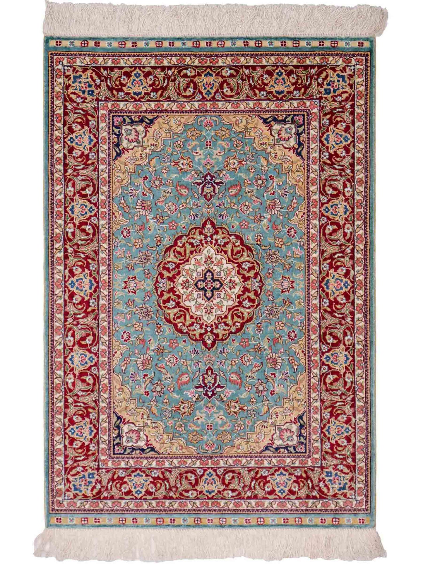 Sehr feiner, handgeknüpfter Khademi Orientteppich mit Ghom Design aus reiner Seide, blau, rot. 94x64 cm. Vertrieb durch Jupiter Intl.