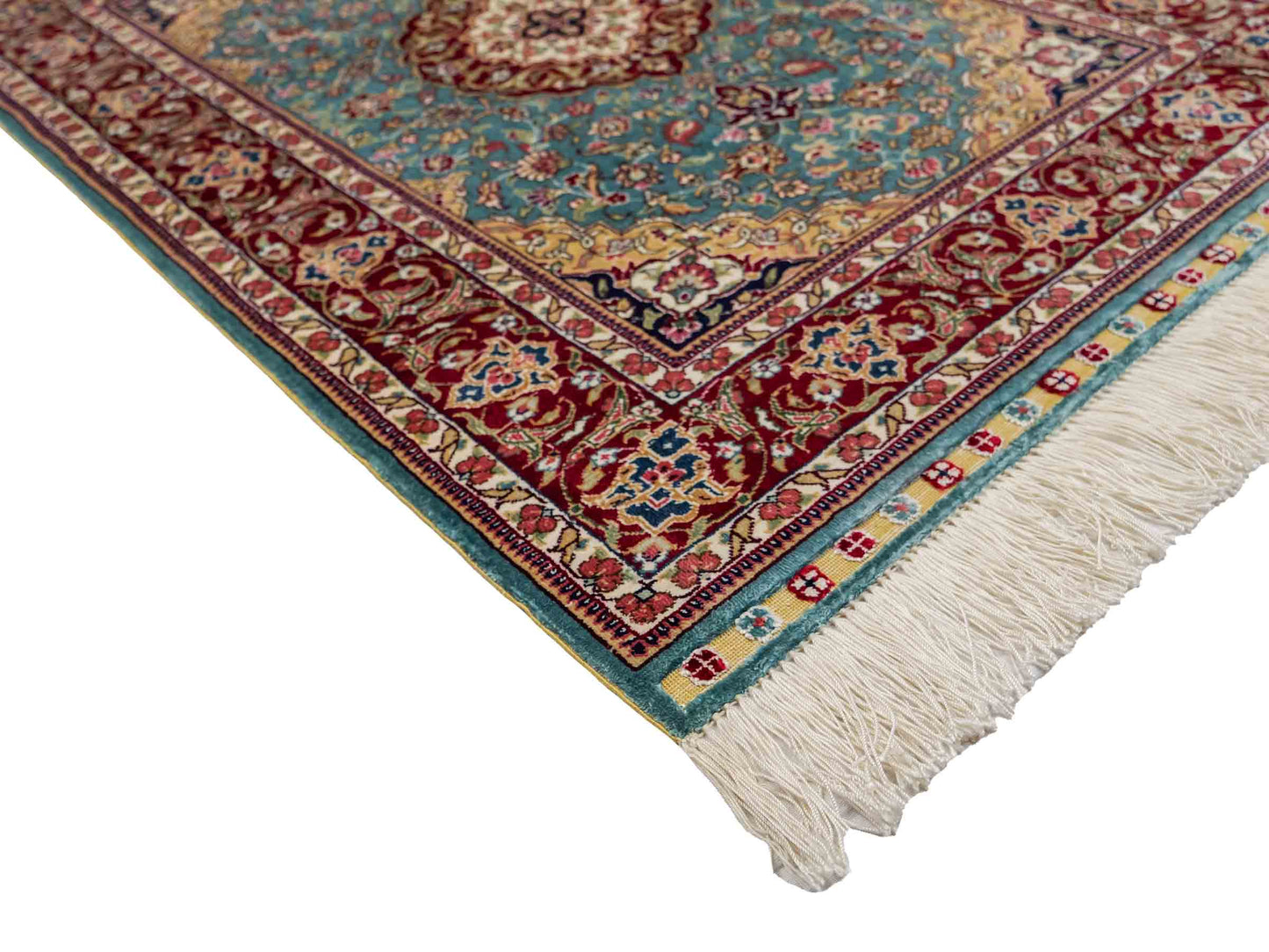 Sehr feiner, handgeknüpfter Khademi Orientteppich mit Ghom Design aus reiner Seide, blau, rot. 94x64 cm. Vertrieb durch Jupiter Intl.